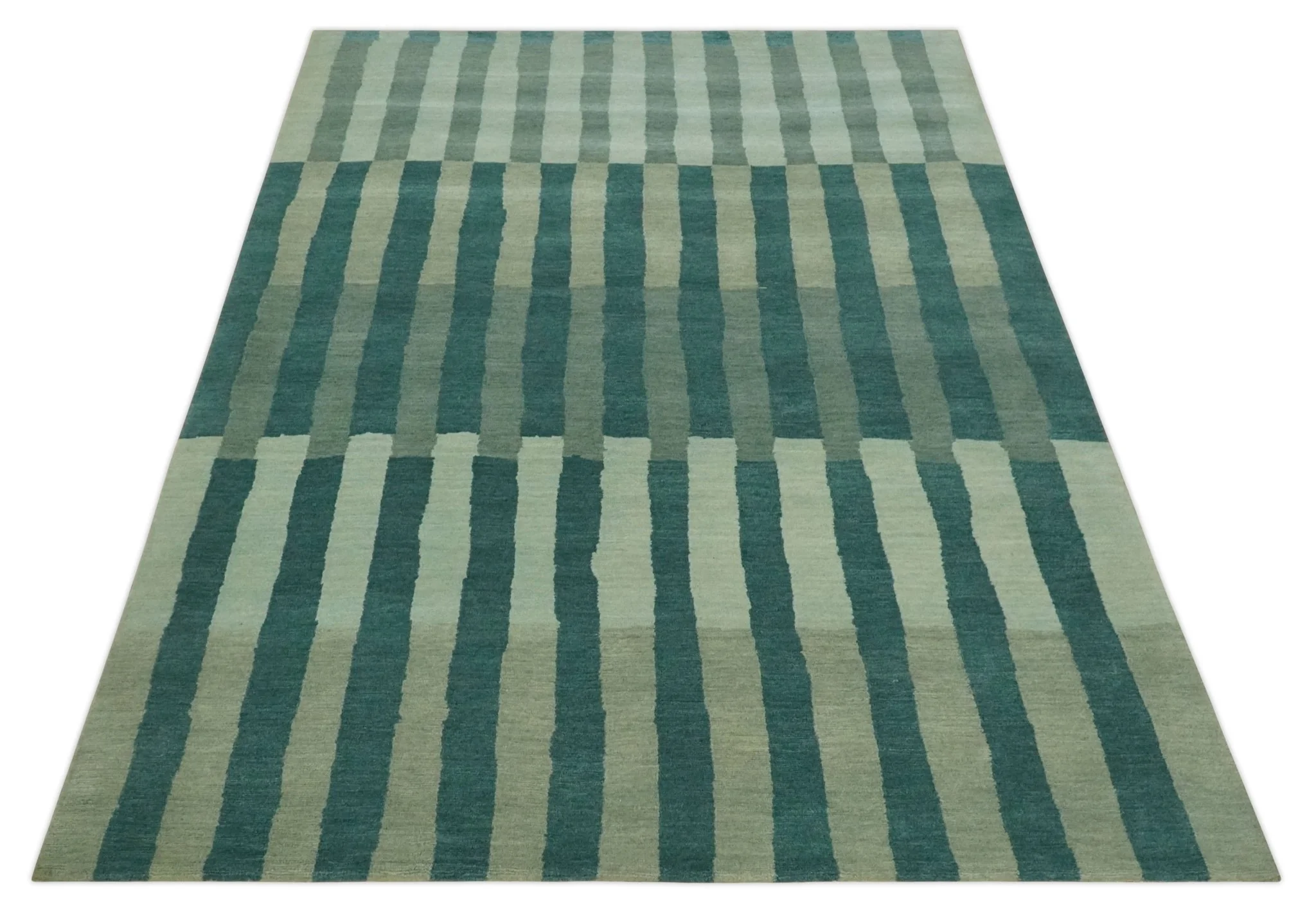 Green, Ivory and Beige Stripes Pattern Hand knotted 5.6x8 wool Area Rug - Image 10