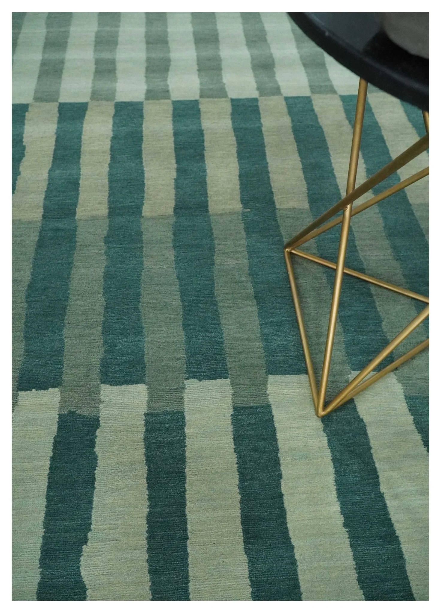 Green, Ivory and Beige Stripes Pattern Hand knotted 5.6x8 wool Area Rug - Image 2