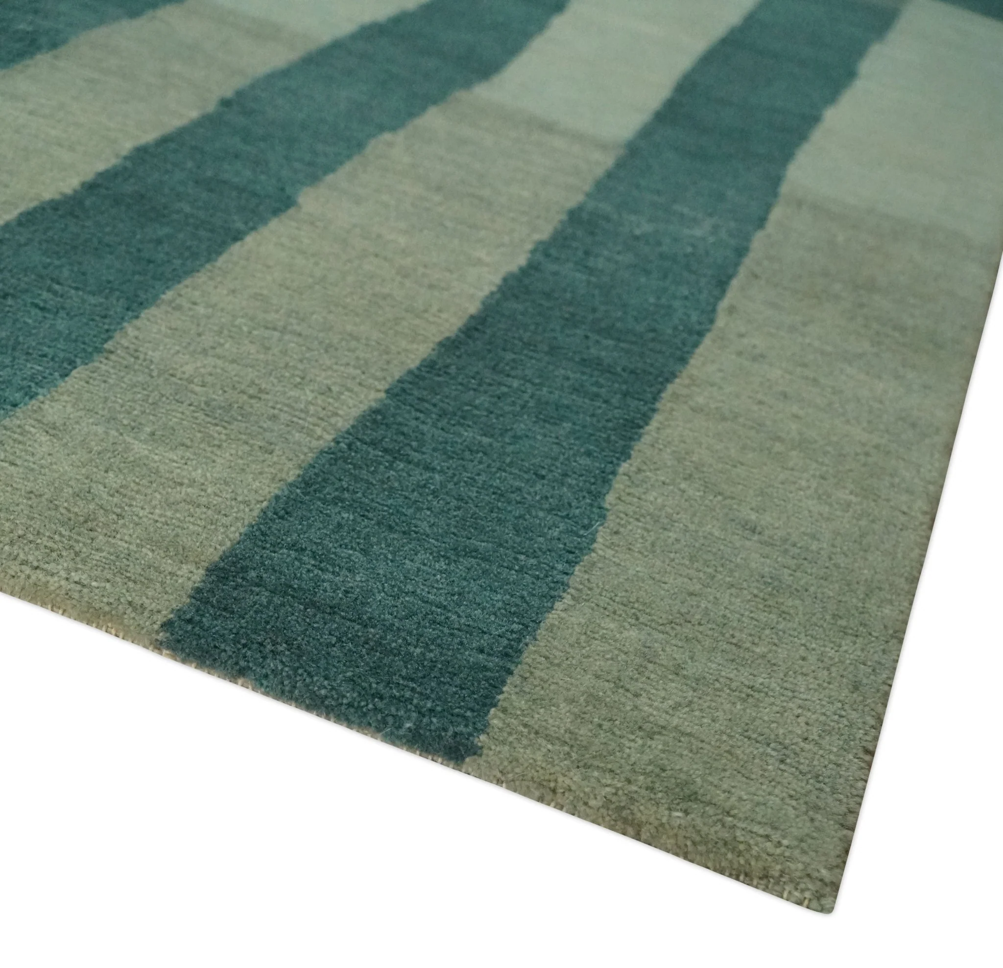Green, Ivory and Beige Stripes Pattern Hand knotted 5.6x8 wool Area Rug - Image 5