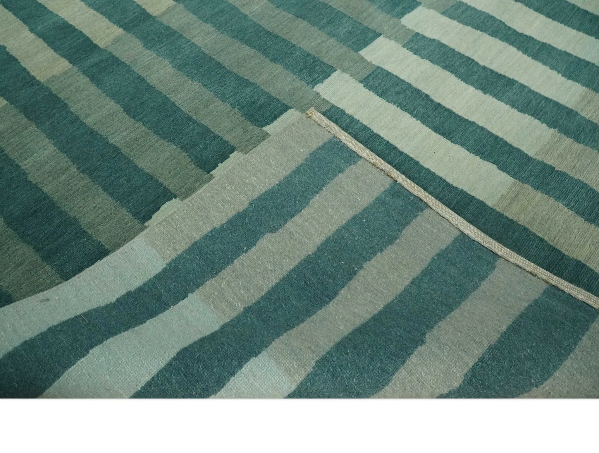 Green, Ivory and Beige Stripes Pattern Hand knotted 5.6x8 wool Area Rug - Image 6