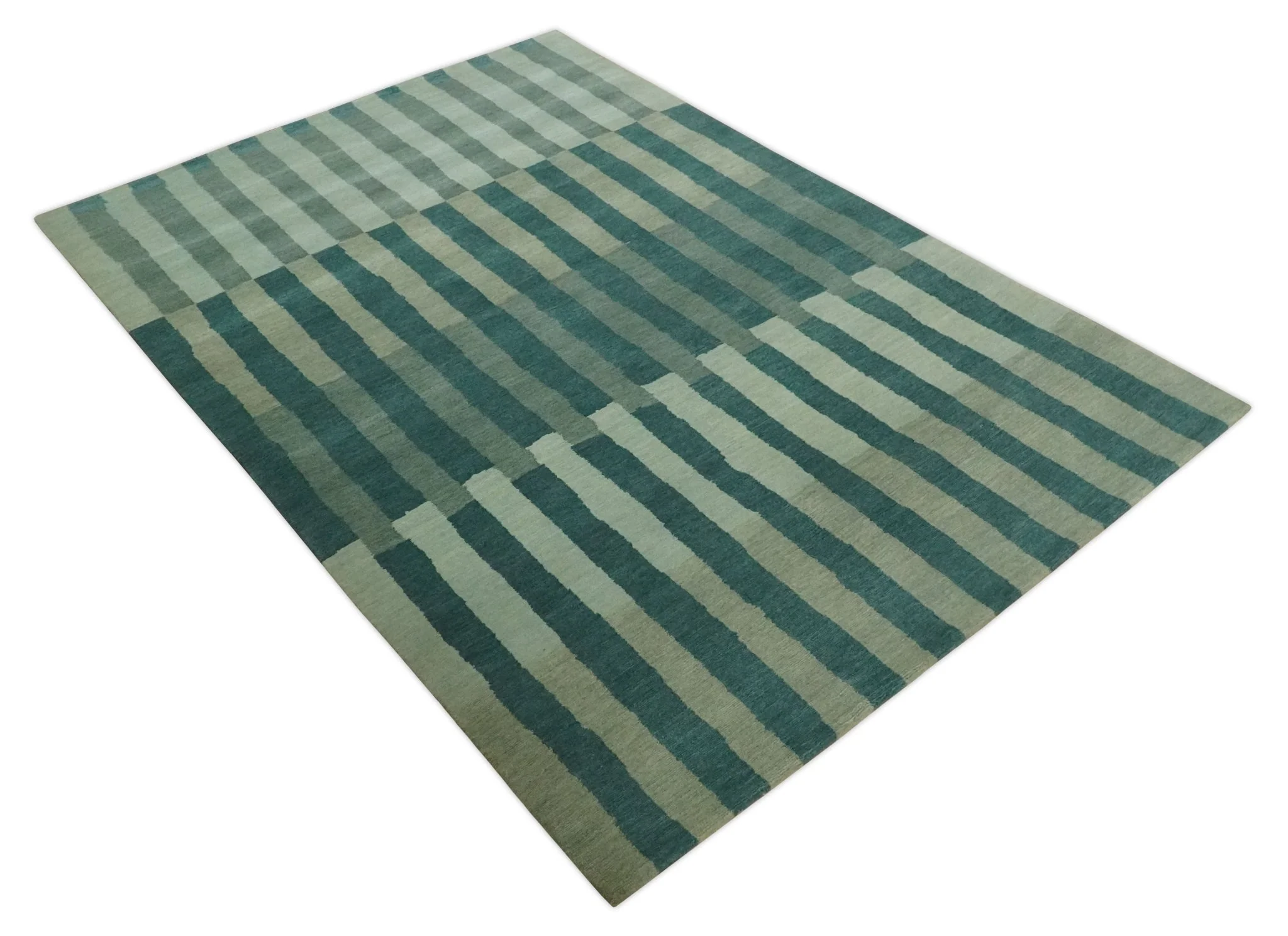 Green, Ivory and Beige Stripes Pattern Hand knotted 5.6x8 wool Area Rug - Image 9