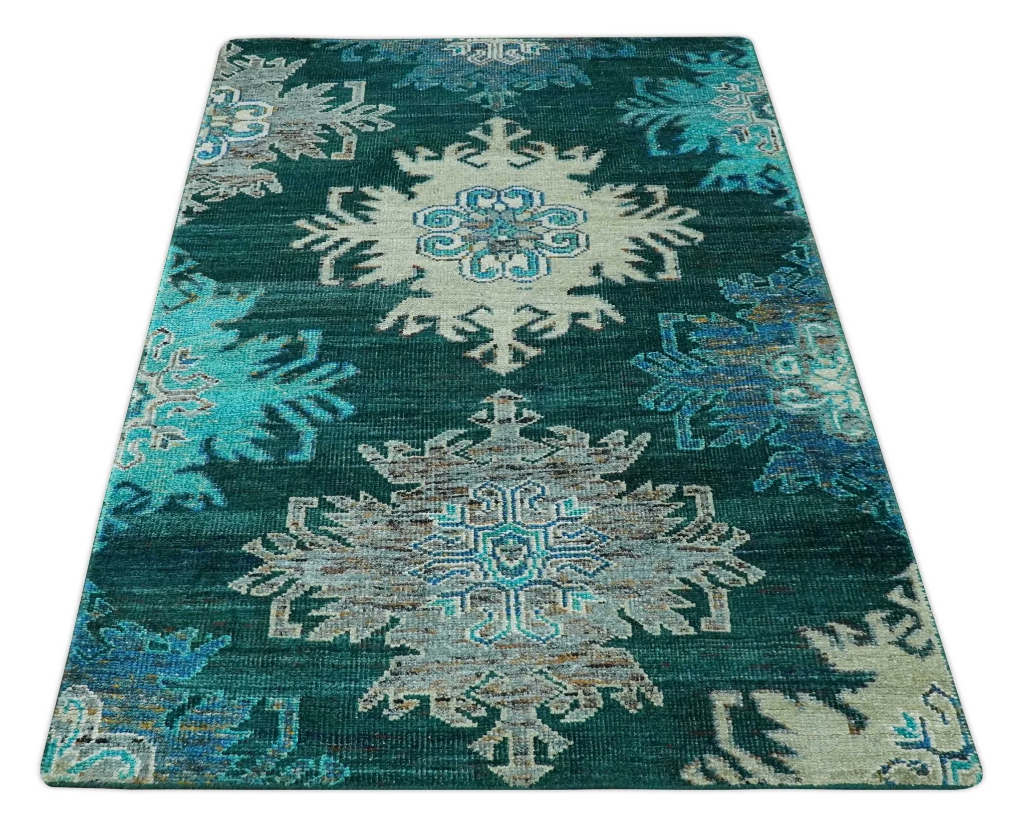 5x8 Green, Ivory and Blue Traditional Large design hand knotted wool area rug - Image 10