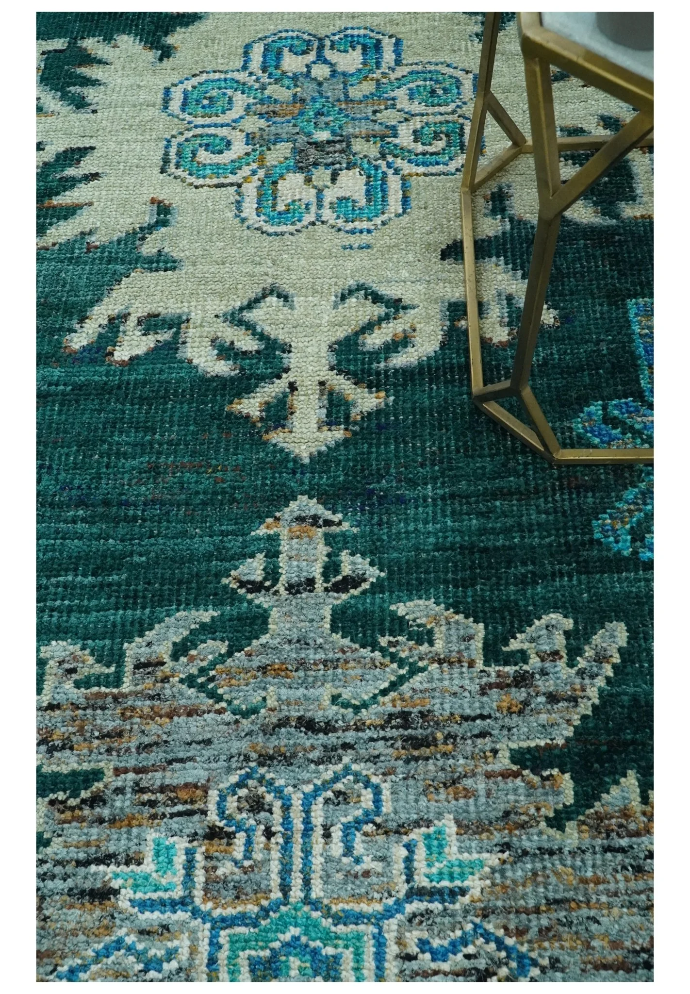 5x8 Green, Ivory and Blue Traditional Large design hand knotted wool area rug - Image 2