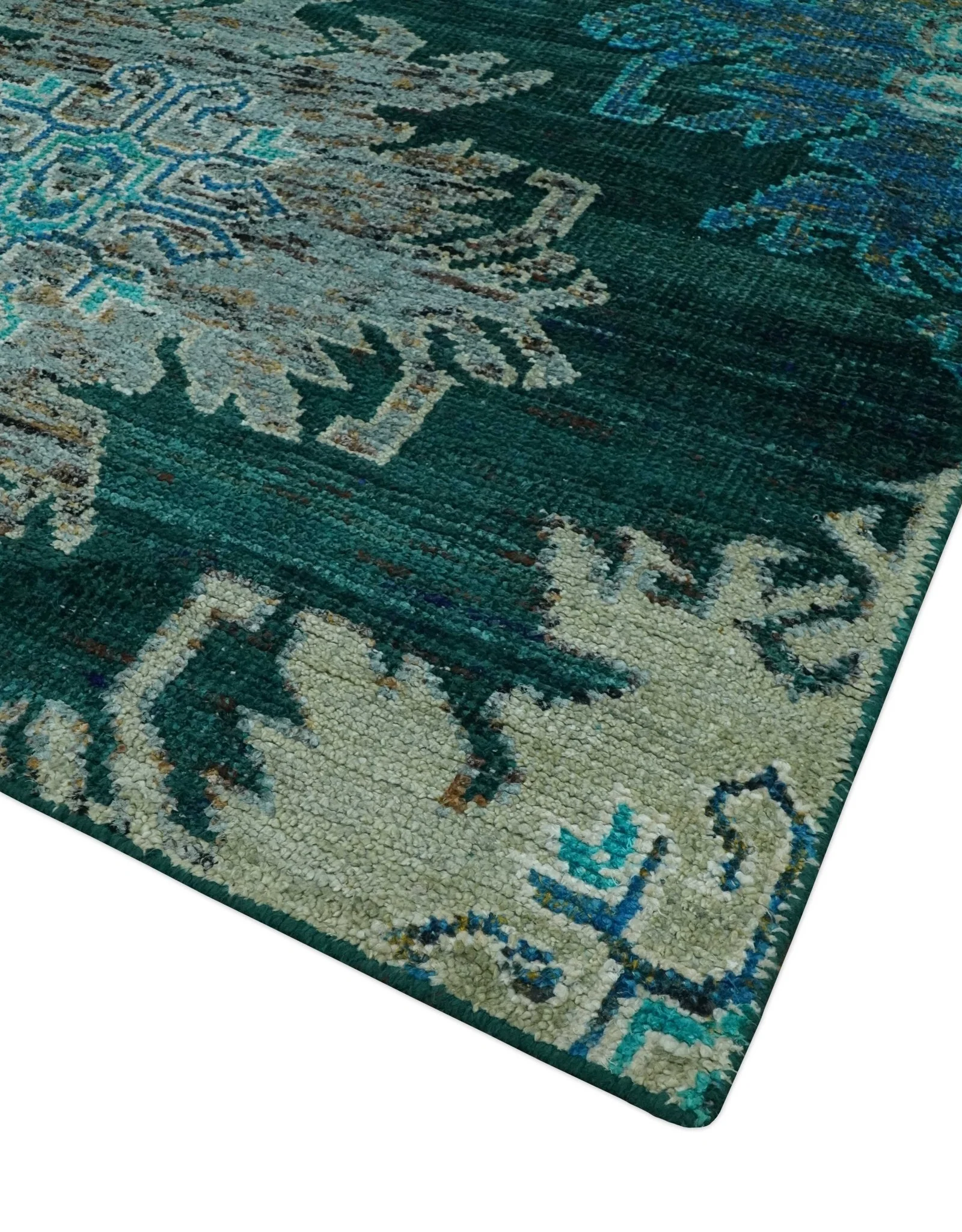 5x8 Green, Ivory and Blue Traditional Large design hand knotted wool area rug - Image 5