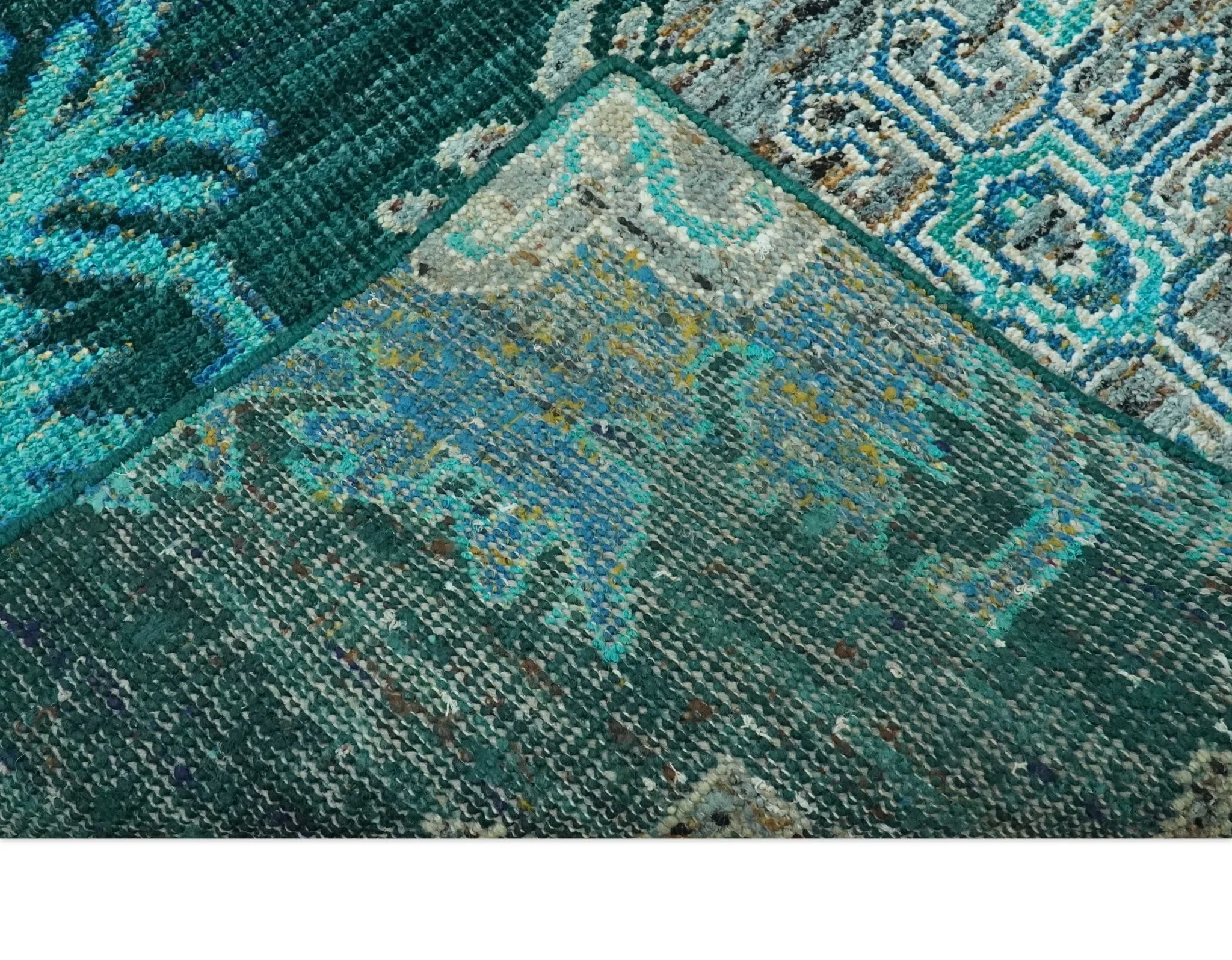5x8 Green, Ivory and Blue Traditional Large design hand knotted wool area rug - Image 7