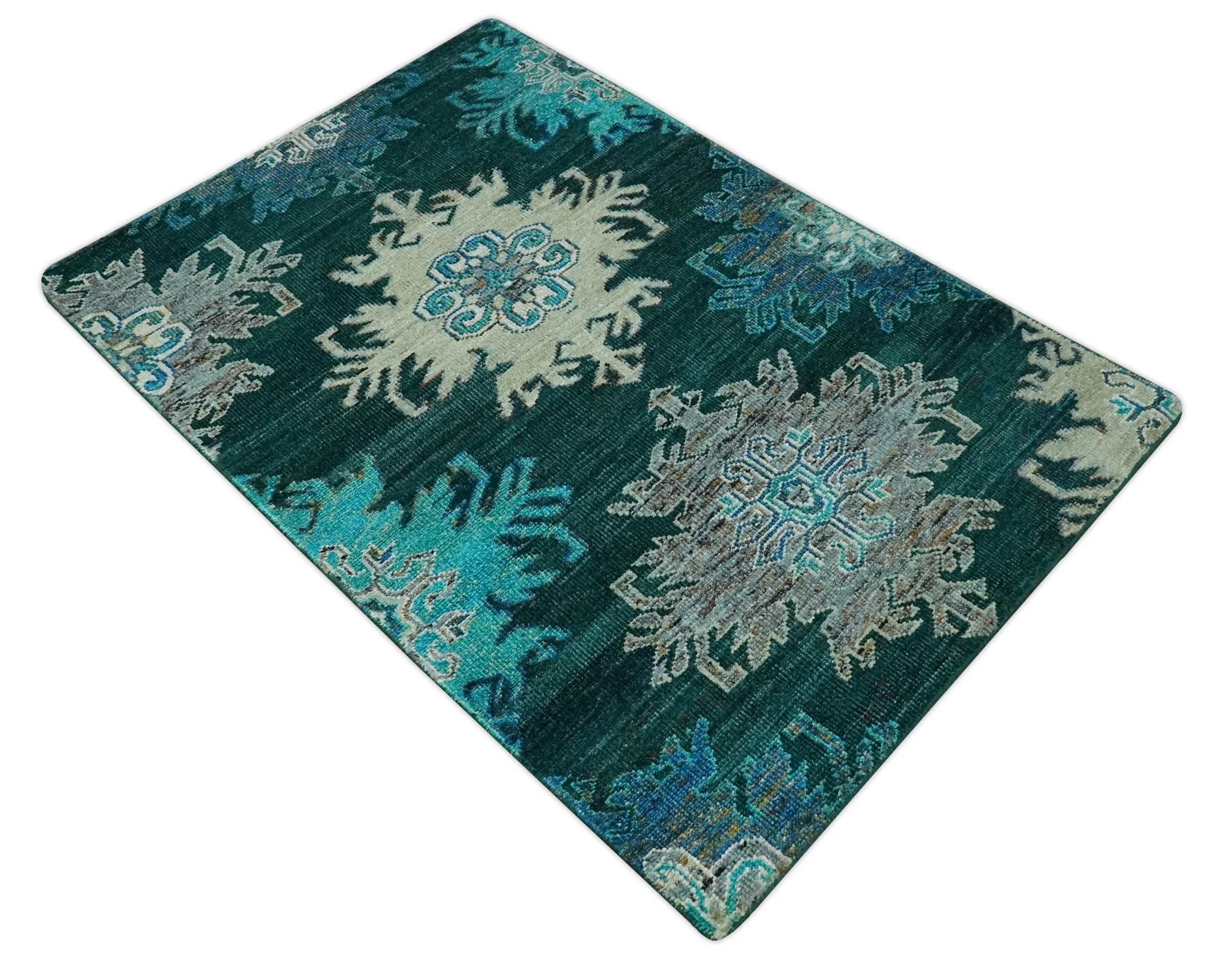 5x8 Green, Ivory and Blue Traditional Large design hand knotted wool area rug - Image 9