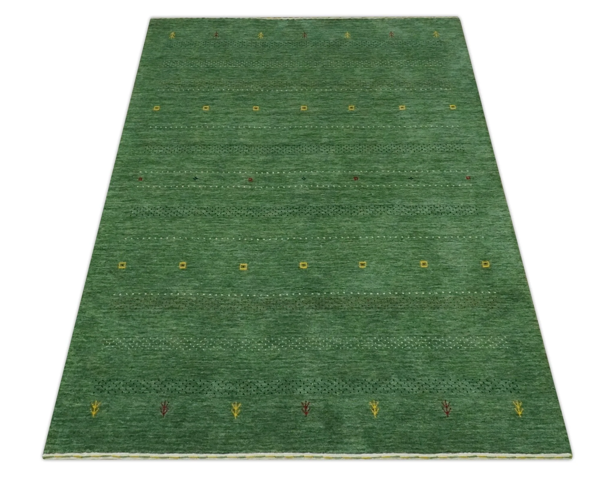 Geometrical Stripes Design Green, Ivory and Charcoal Hand loom 4.6x6.6 wool Area Rug - Image 10