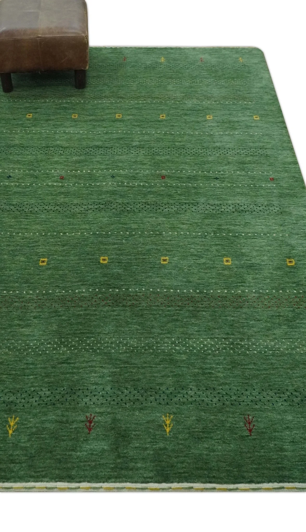Geometrical Stripes Design Green, Ivory and Charcoal Hand loom 4.6x6.6 wool Area Rug - Image 3