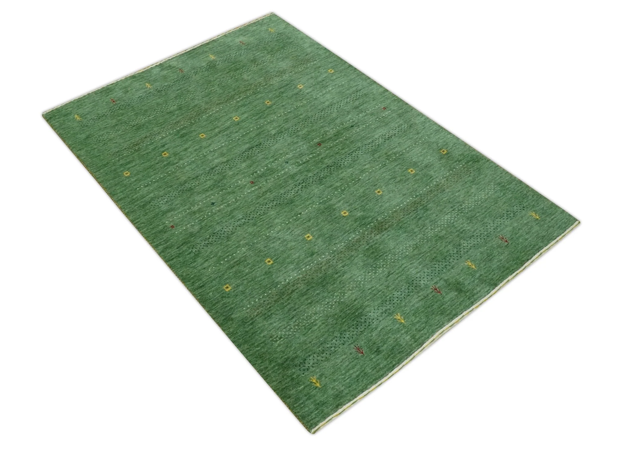 Geometrical Stripes Design Green, Ivory and Charcoal Hand loom 4.6x6.6 wool Area Rug - Image 9