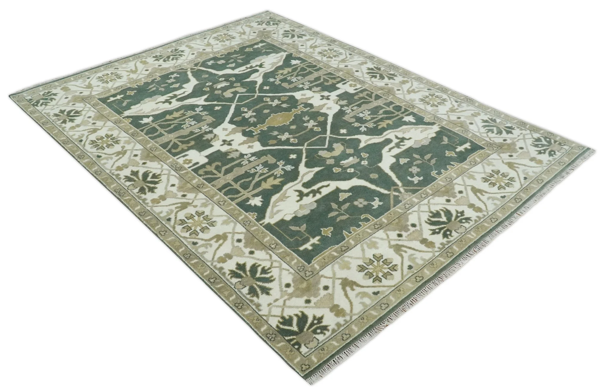 8x10 Green, Ivory and Olive Hand knotted Oriental Oushak wool Area Rug - Image 10