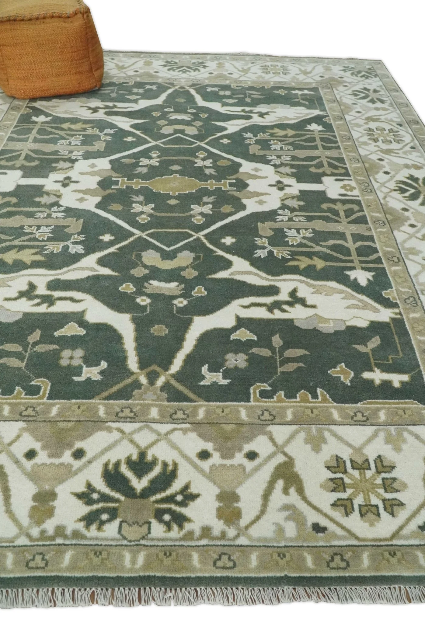 8x10 Green, Ivory and Olive Hand knotted Oriental Oushak wool Area Rug - Image 3