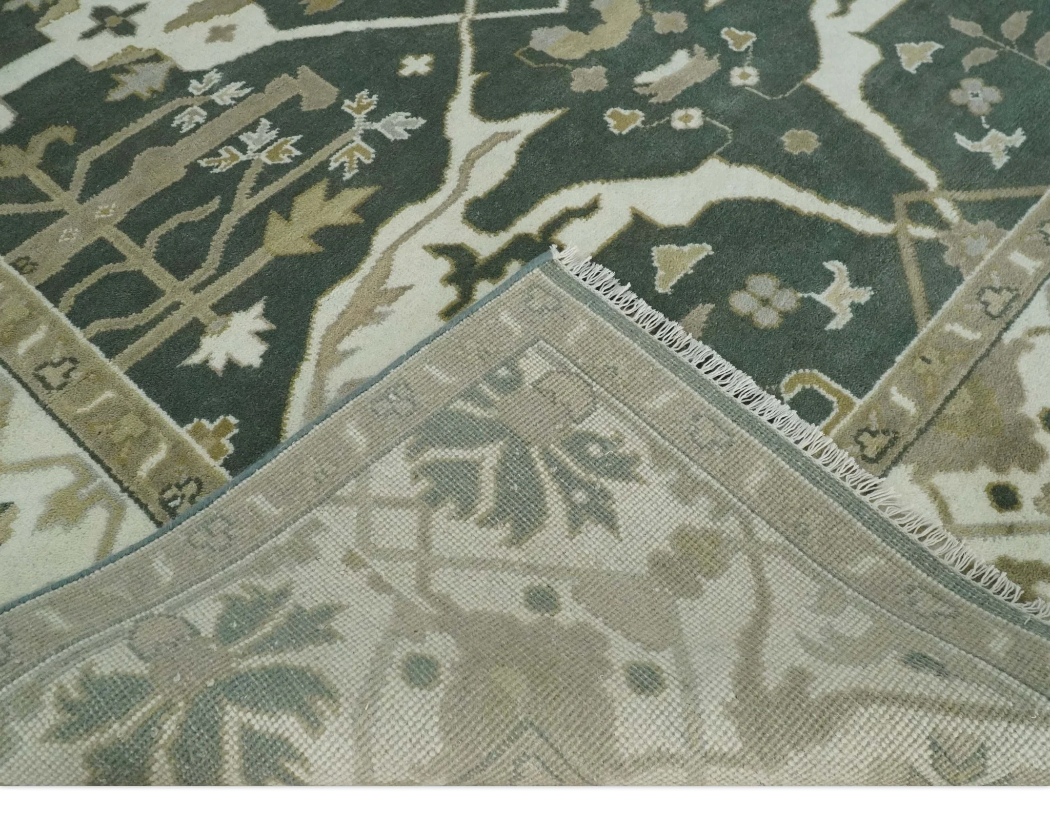 8x10 Green, Ivory and Olive Hand knotted Oriental Oushak wool Area Rug - Image 6