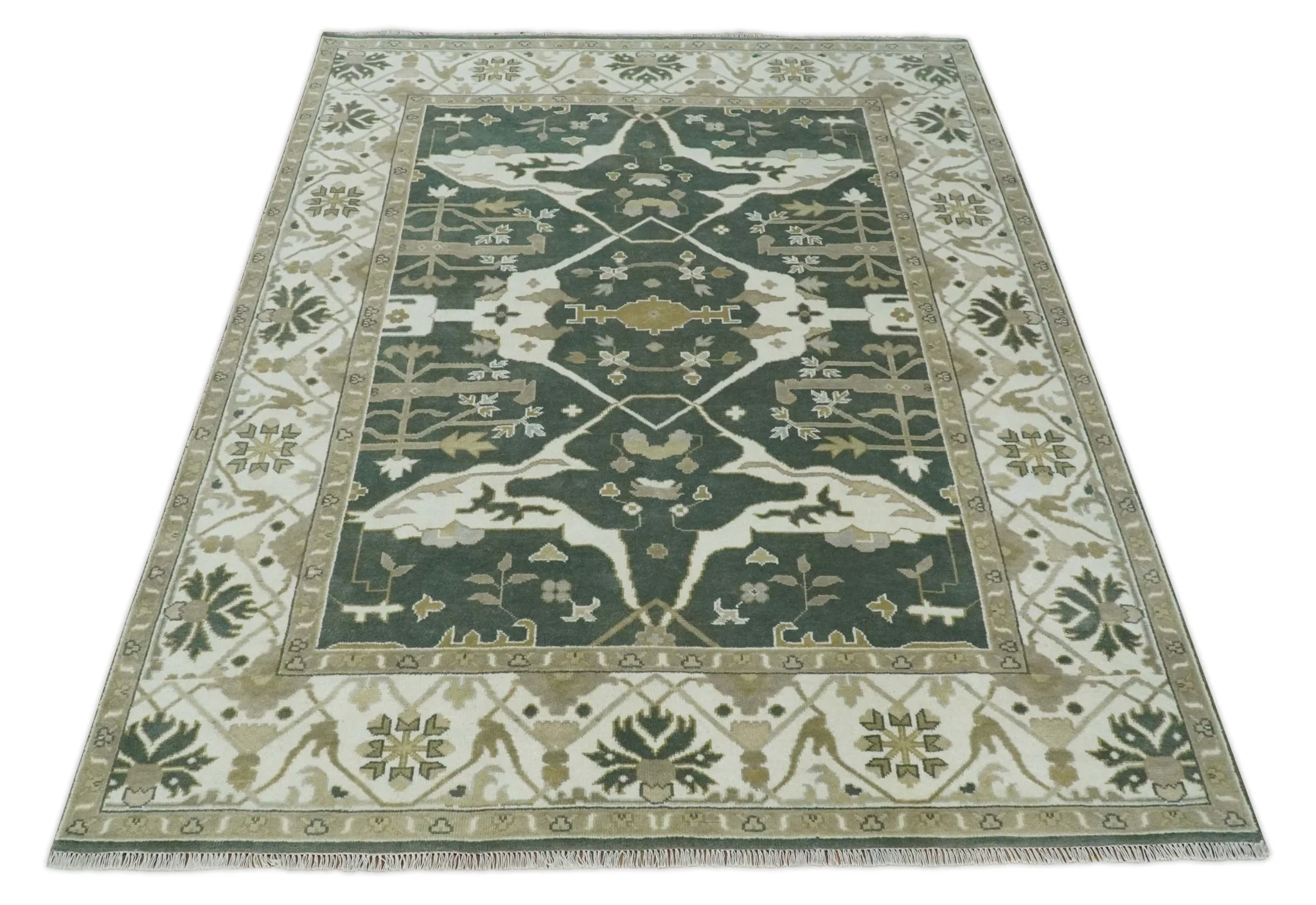 8x10 Green, Ivory and Olive Hand knotted Oriental Oushak wool Area Rug - Image 9