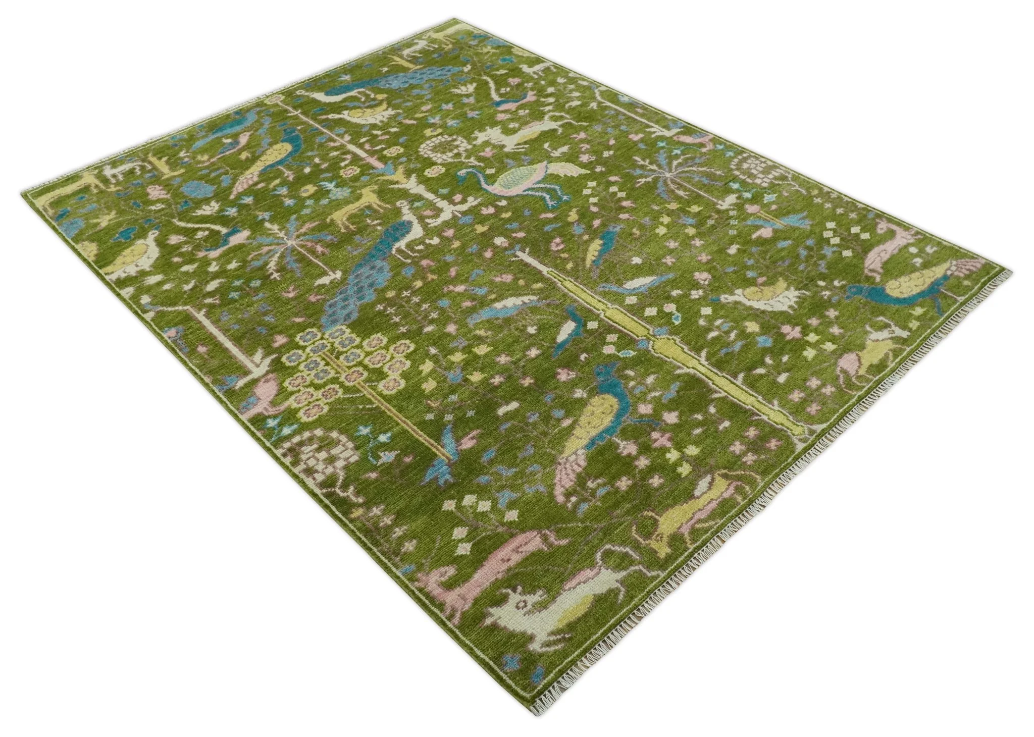 The Green Jungle Life Teal and Peach Peacock Bird Hand Knotted Custom Made Wool Area Rug - Image 10
