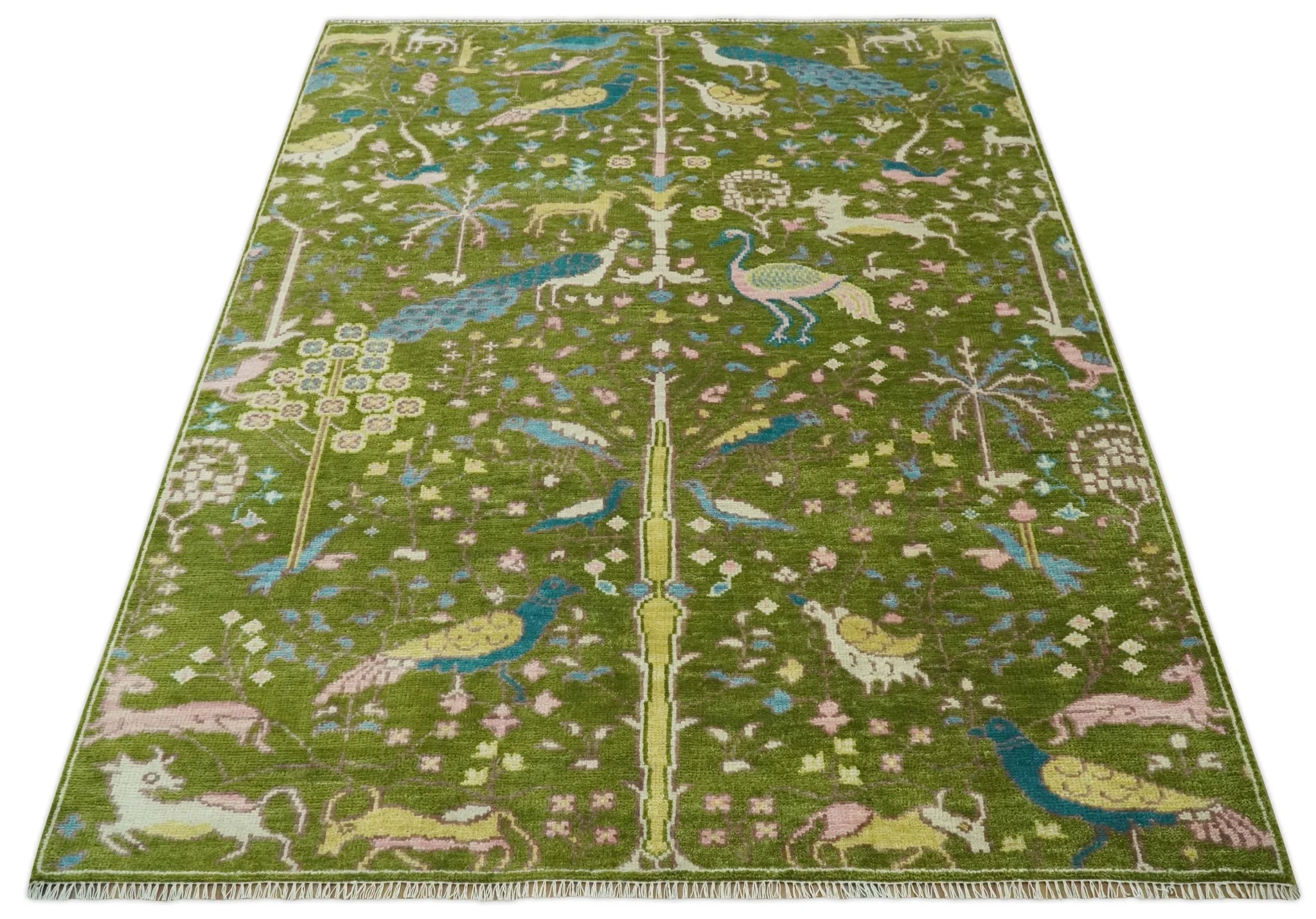 The Green Jungle Life Teal and Peach Peacock Bird Hand Knotted Custom Made Wool Area Rug - Image 11