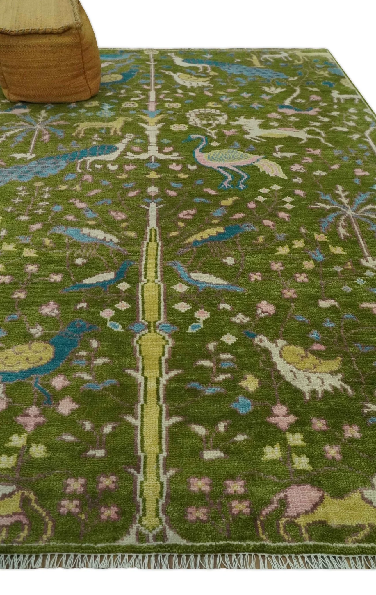 The Green Jungle Life Teal and Peach Peacock Bird Hand Knotted Custom Made Wool Area Rug - Image 3