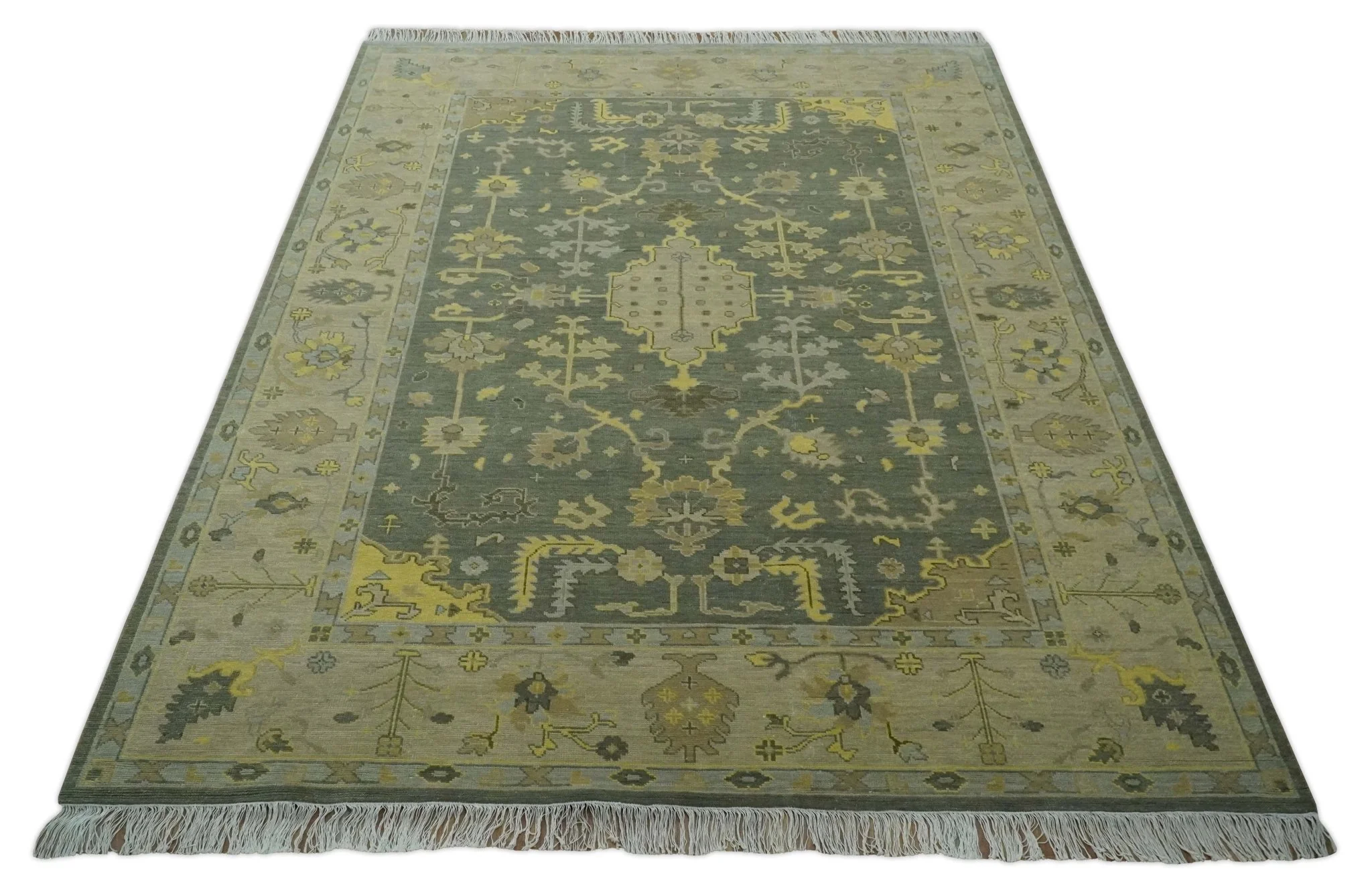 Charcoal, Olive and Mustard Hand knotted Oriental Oushak Custom Made wool Area Rug - Image 10