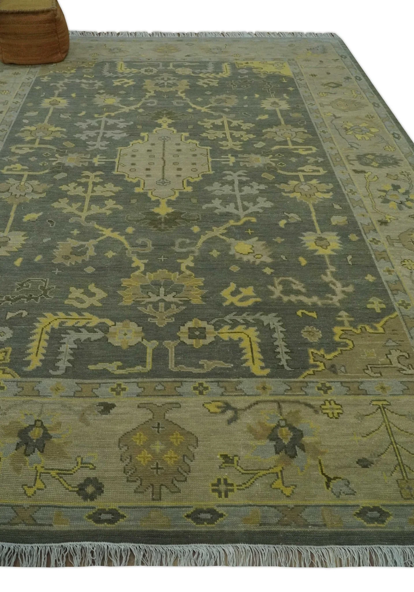 Charcoal, Olive and Mustard Hand knotted Oriental Oushak Custom Made wool Area Rug - Image 3