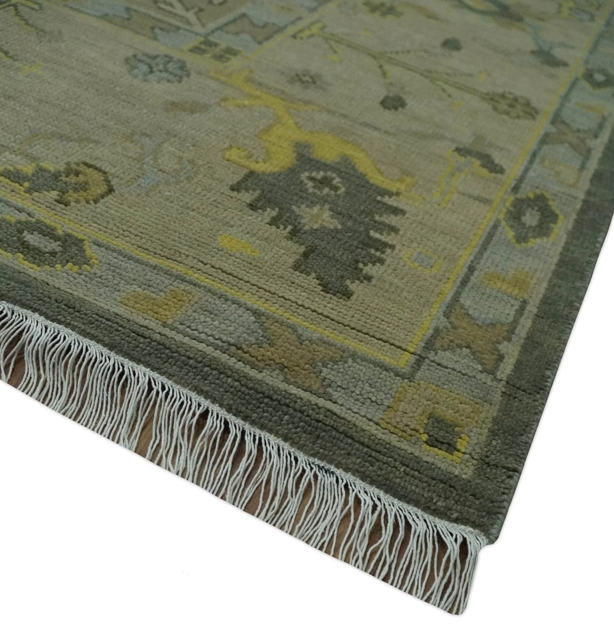 Charcoal, Olive and Mustard Hand knotted Oriental Oushak Custom Made wool Area Rug - Image 5