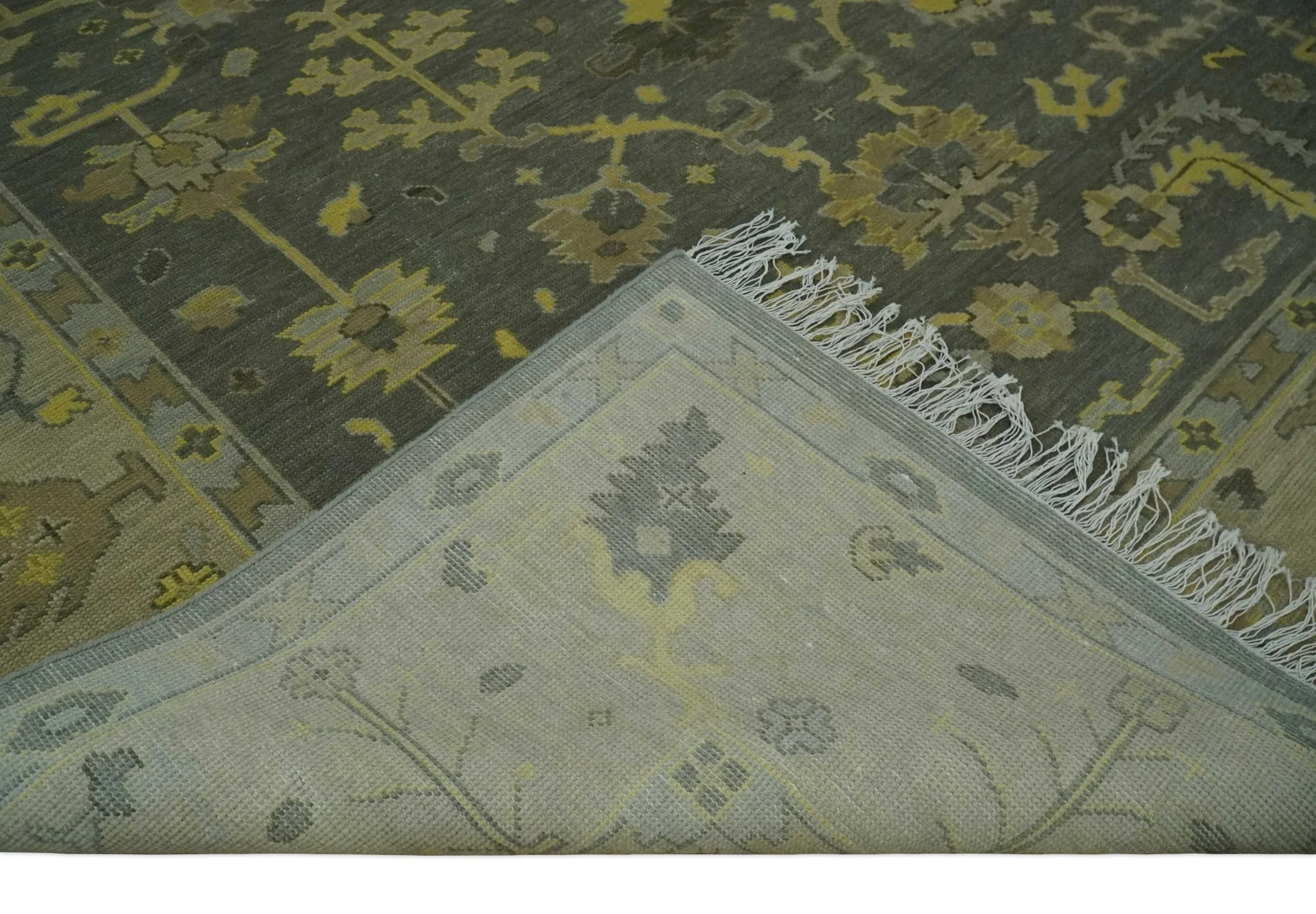 Charcoal, Olive and Mustard Hand knotted Oriental Oushak Custom Made wool Area Rug - Image 6
