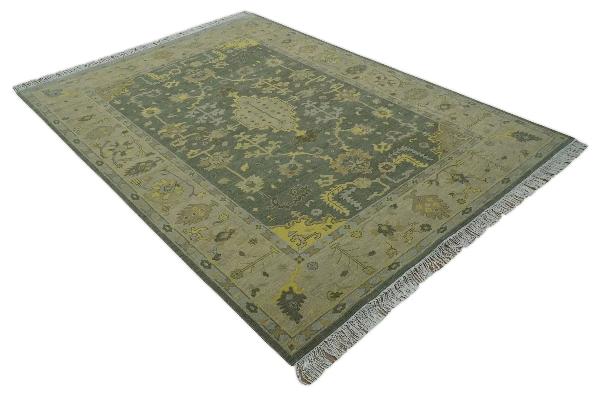 Charcoal, Olive and Mustard Hand knotted Oriental Oushak Custom Made wool Area Rug - Image 9