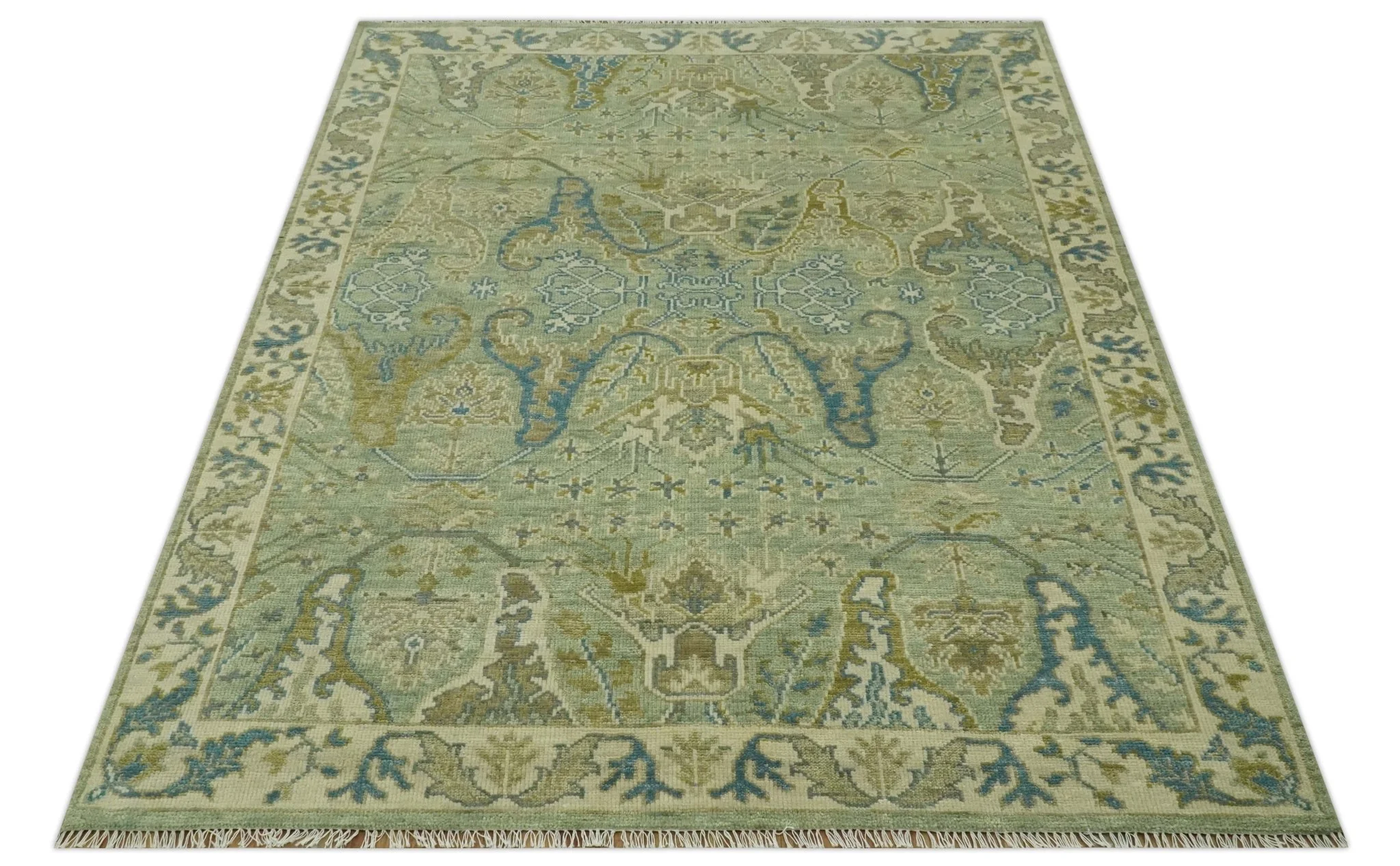 Hand Knotted Green, Olive and Teal Traditional Dragon Oushak Design 8x10 wool rug - Image 10