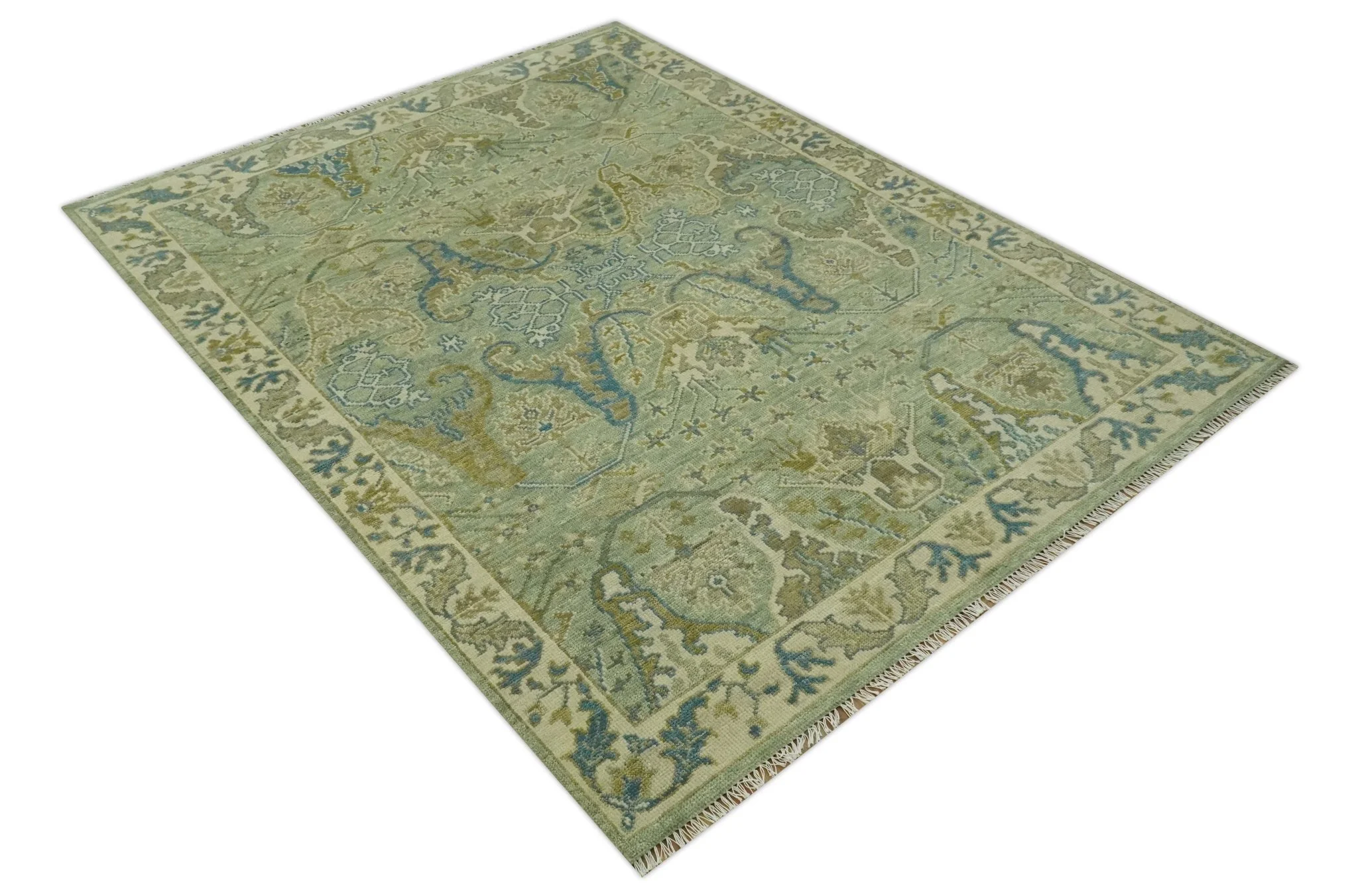 Hand Knotted Green, Olive and Teal Traditional Dragon Oushak Design 8x10 wool rug - Image 9