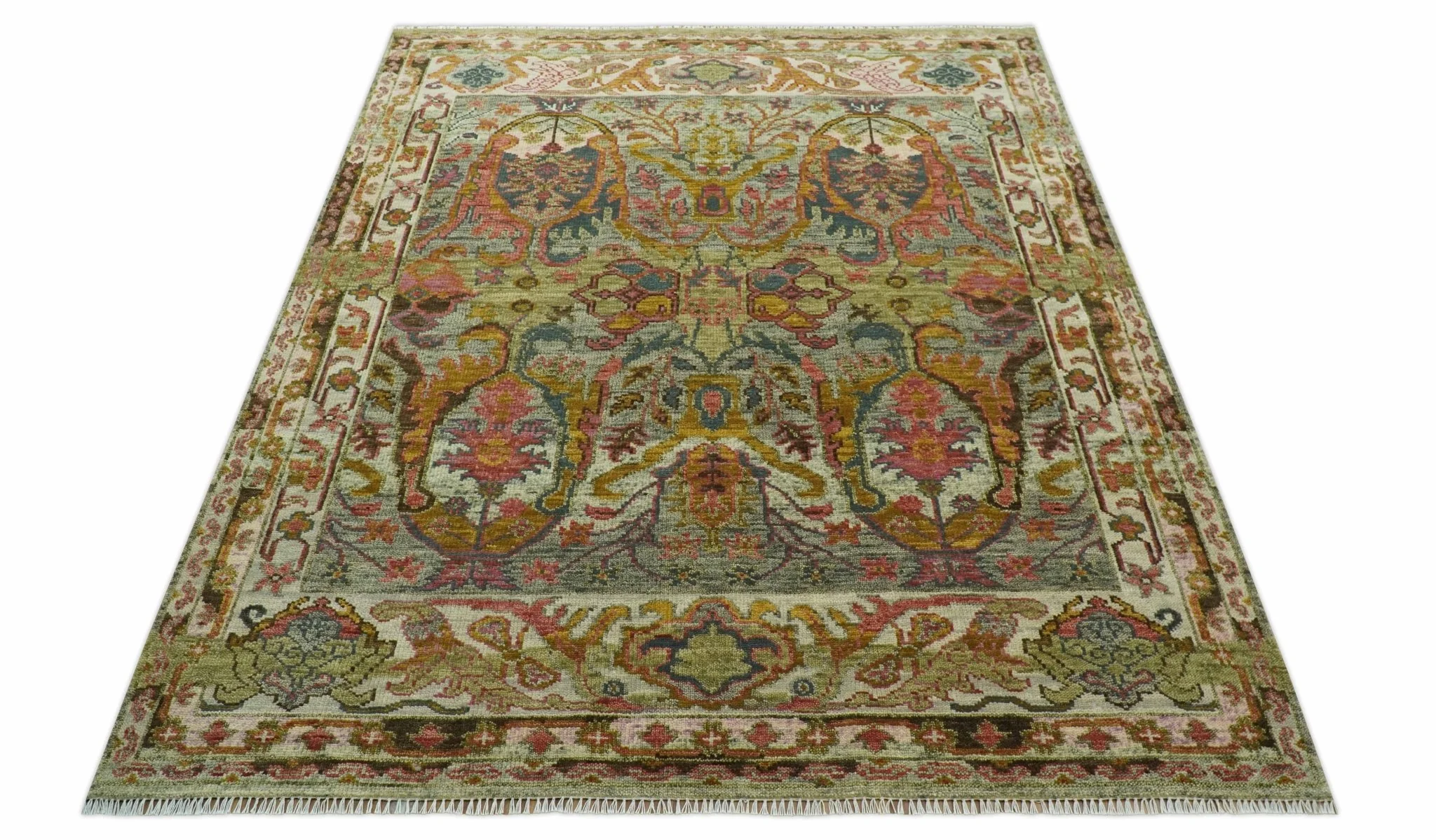 Transitional Green, Pink, Silver and Gold Hand Knotted Custom Made wool area rug - Image 10