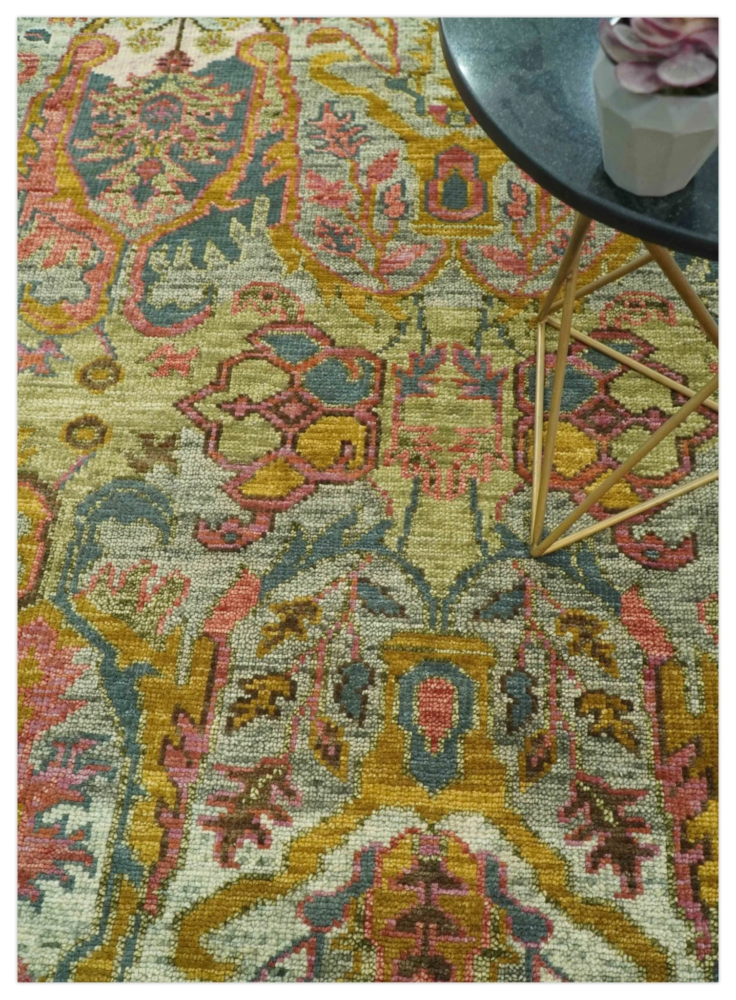 Transitional Green, Pink, Silver and Gold Hand Knotted Custom Made wool area rug - Image 2