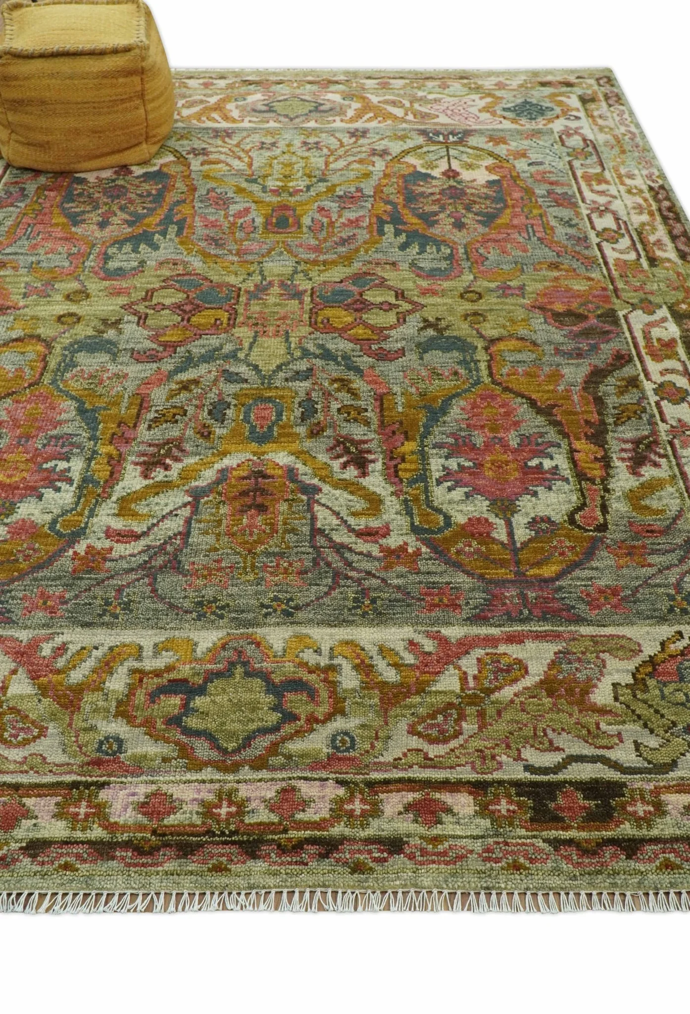 Transitional Green, Pink, Silver and Gold Hand Knotted Custom Made wool area rug - Image 3