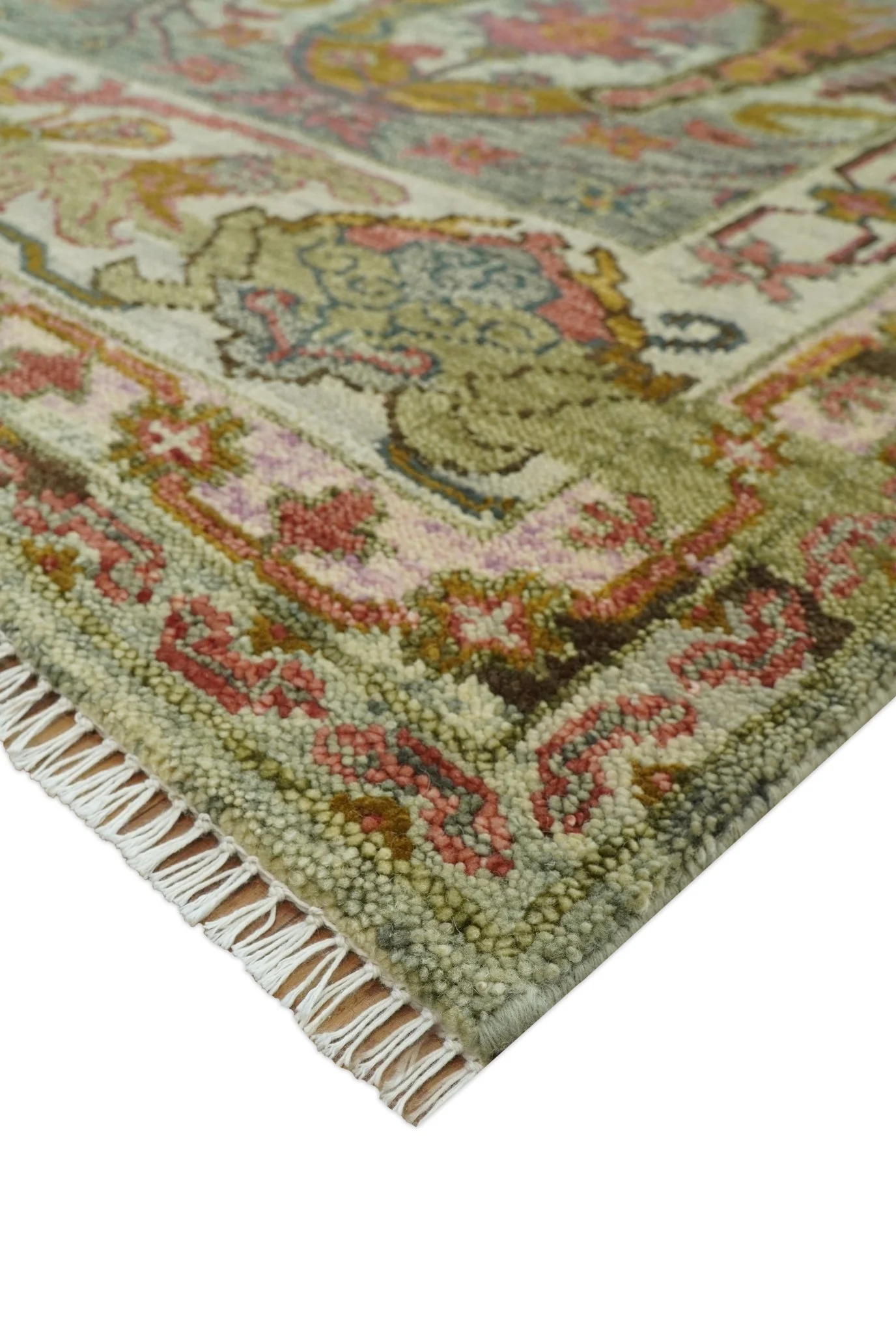 Transitional Green, Pink, Silver and Gold Hand Knotted Custom Made wool area rug - Image 5
