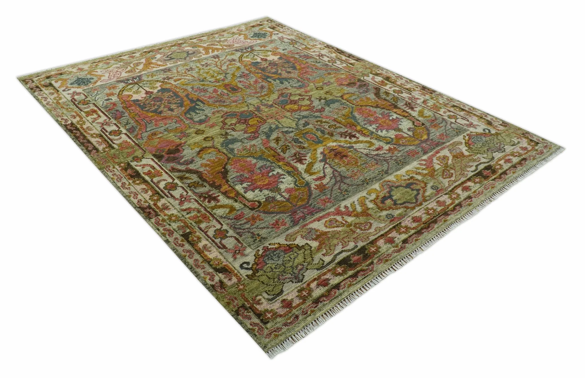 Transitional Green, Pink, Silver and Gold Hand Knotted Custom Made wool area rug - Image 9