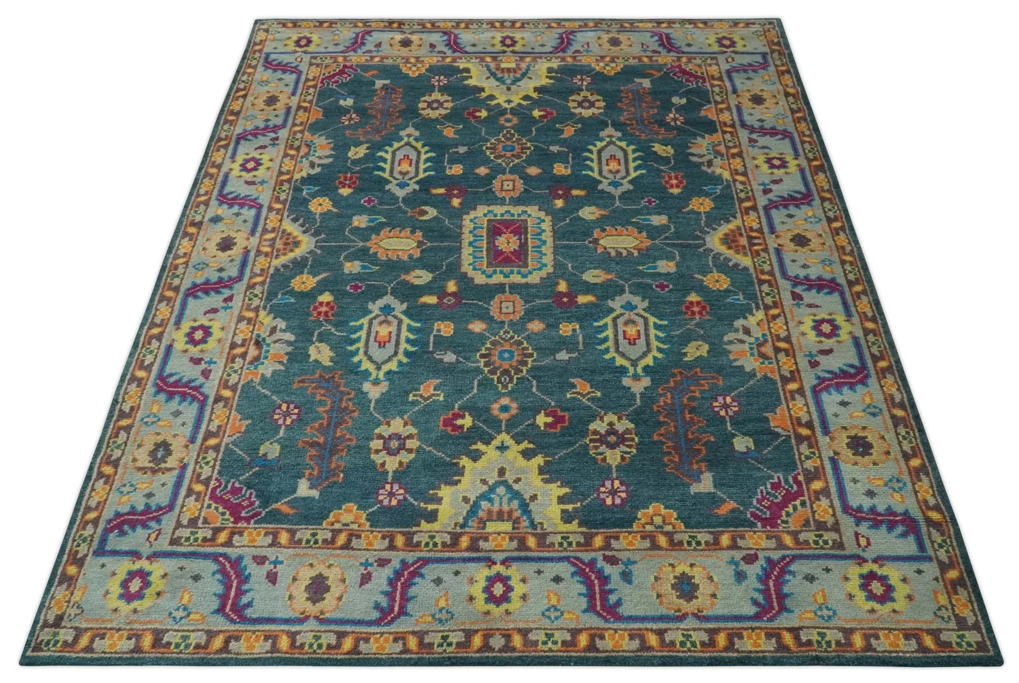 Vibrant Colorful Green, Silver, Mustard and Orange Hand Knotted Oriental Oushak Multi Size wool Area Rug - Image 10