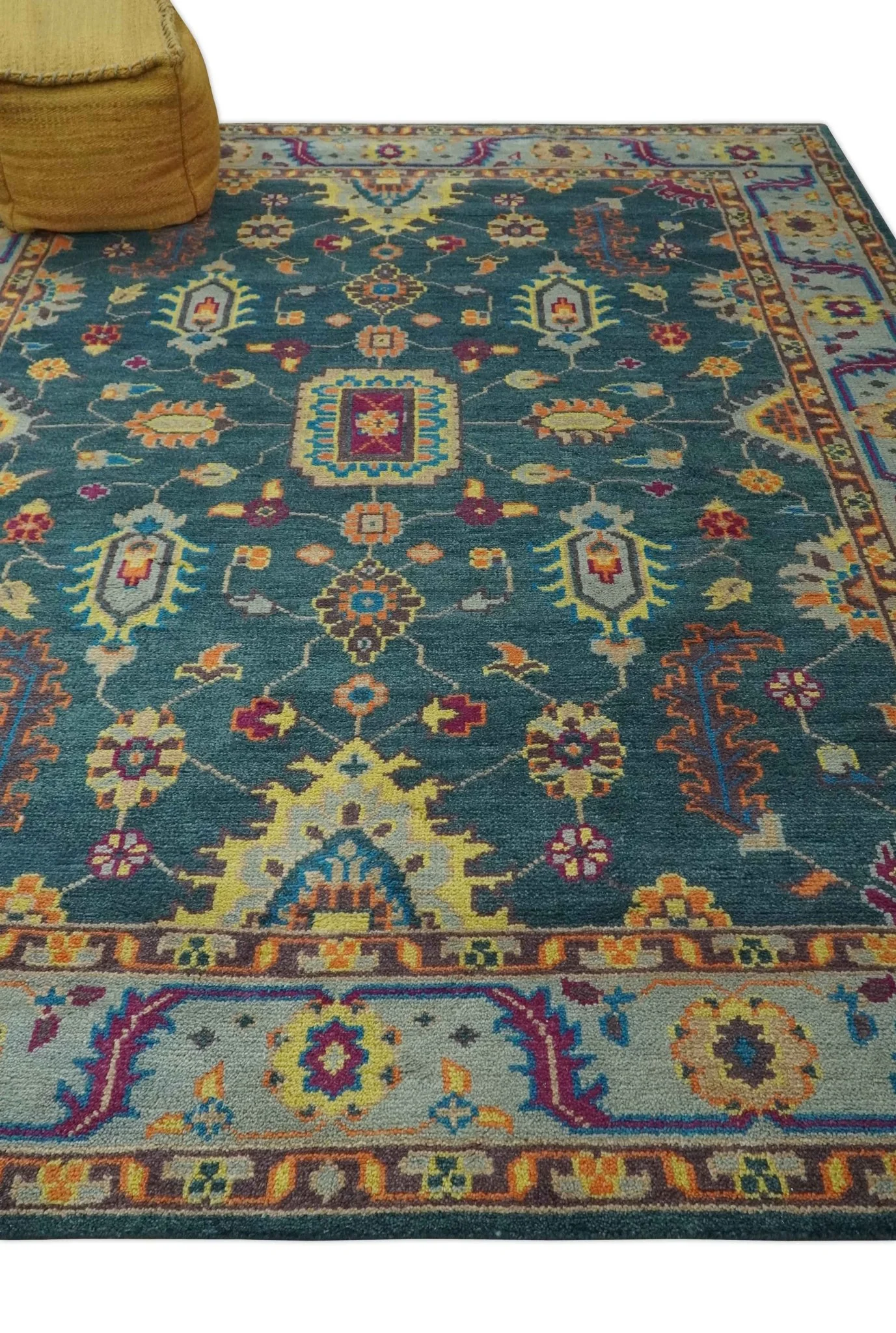 Vibrant Colorful Green, Silver, Mustard and Orange Hand Knotted Oriental Oushak Multi Size wool Area Rug - Image 3