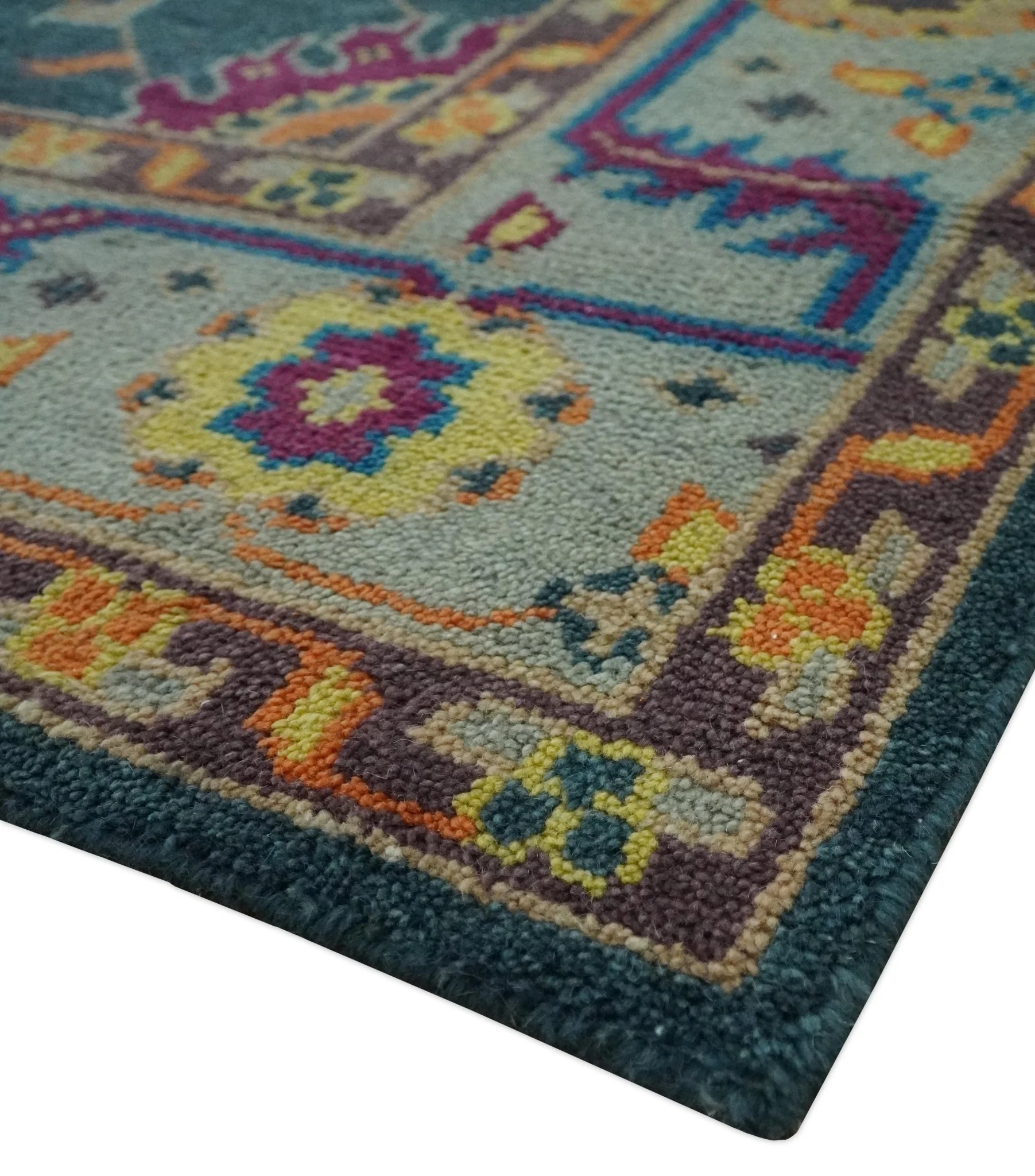 Vibrant Colorful Green, Silver, Mustard and Orange Hand Knotted Oriental Oushak Multi Size wool Area Rug - Image 5