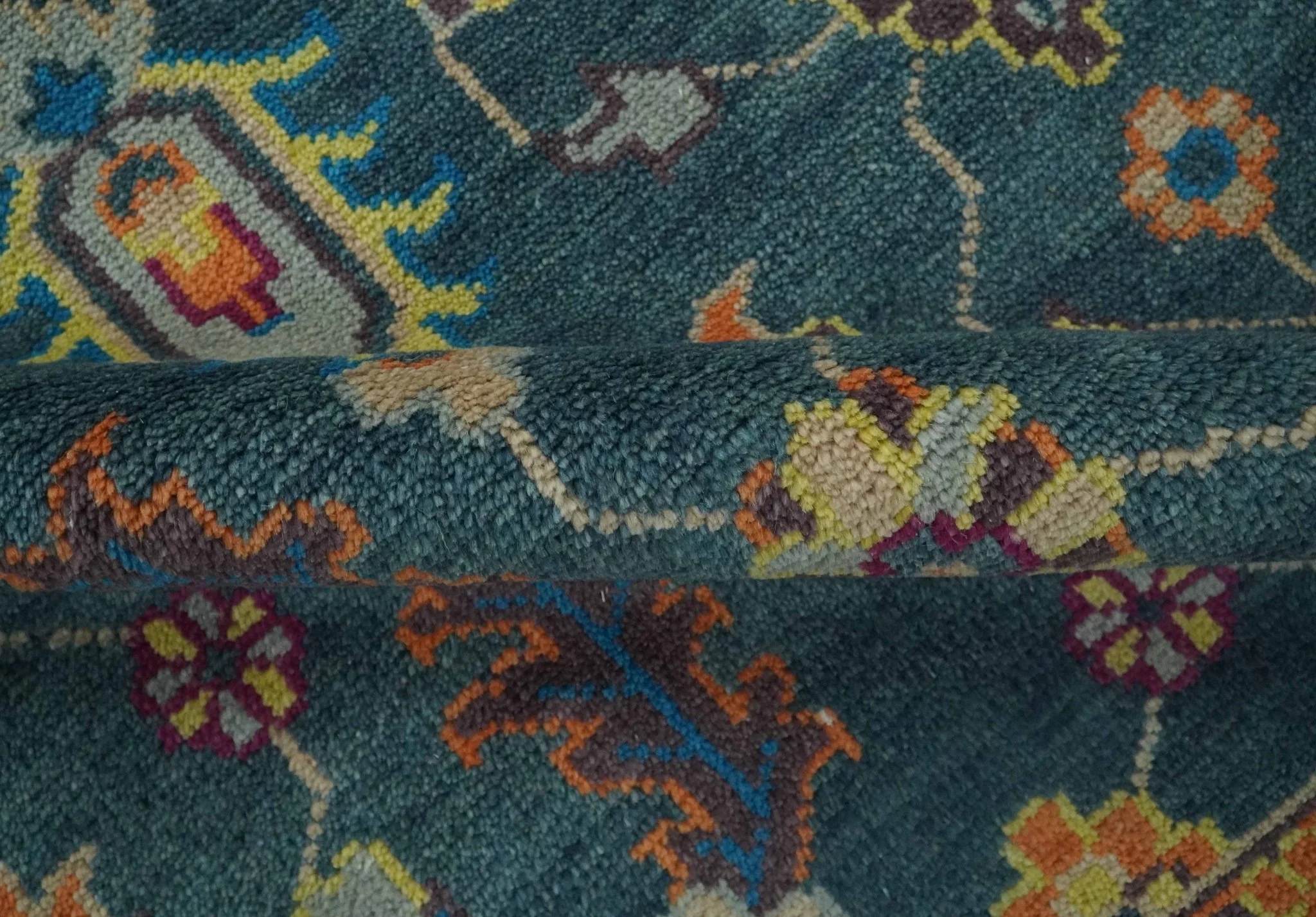 Vibrant Colorful Green, Silver, Mustard and Orange Hand Knotted Oriental Oushak Multi Size wool Area Rug - Image 6