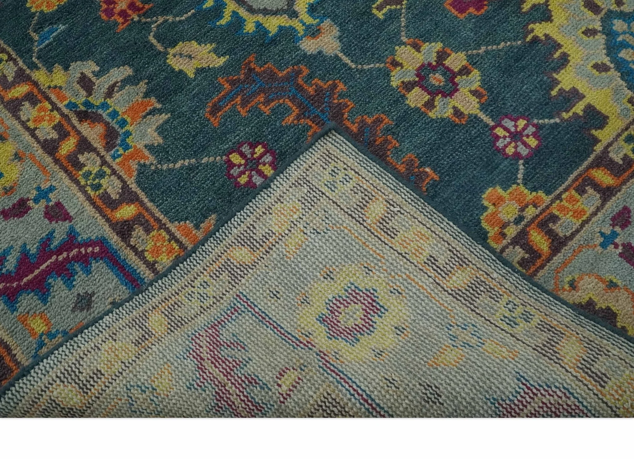 Vibrant Colorful Green, Silver, Mustard and Orange Hand Knotted Oriental Oushak Multi Size wool Area Rug - Image 7