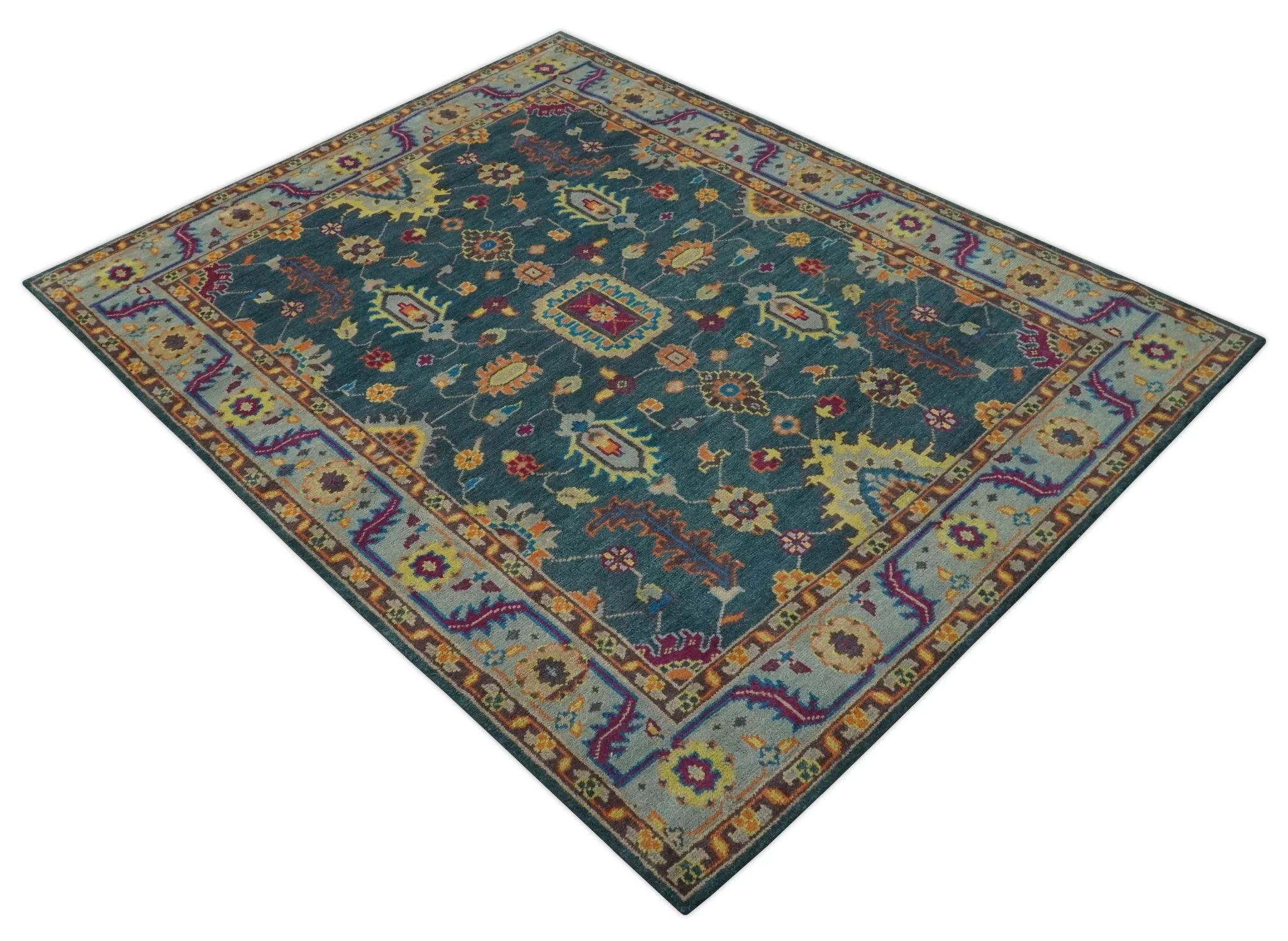 Vibrant Colorful Green, Silver, Mustard and Orange Hand Knotted Oriental Oushak Multi Size wool Area Rug - Image 9