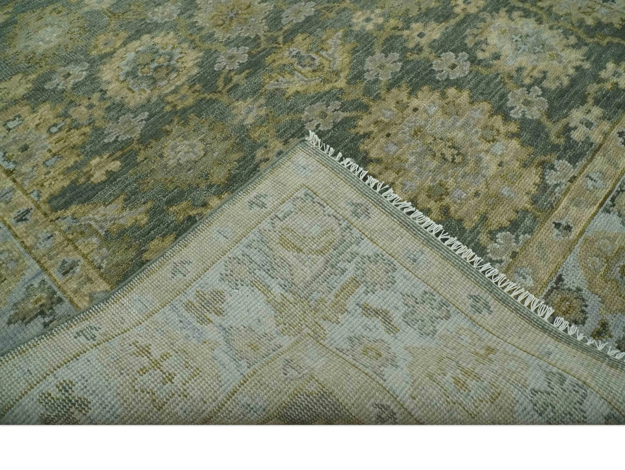 Custom Made Gray, Silver and Olive Hand knotted Traditional Oushak Wool Area Rug - Image 6