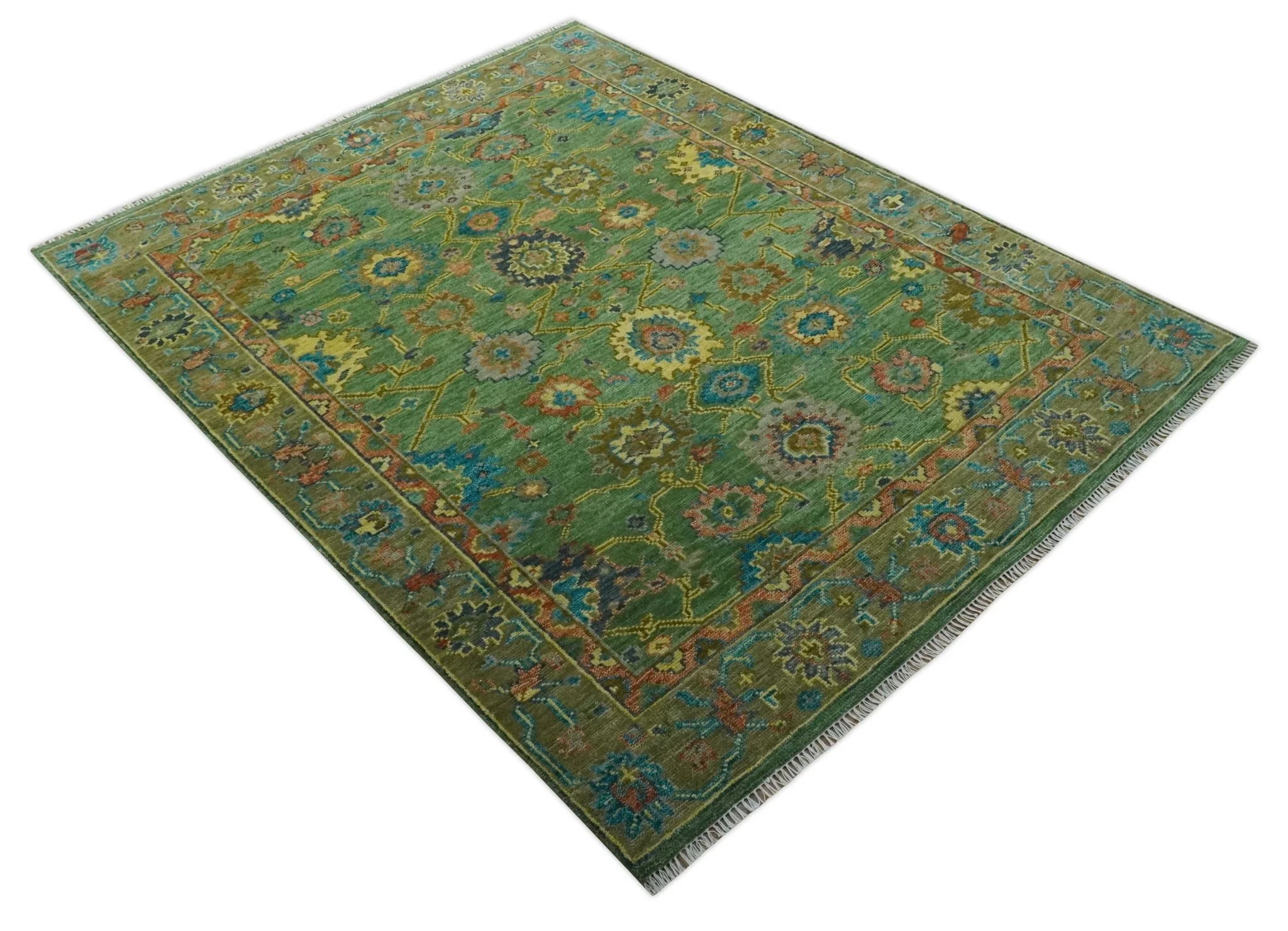 Vibrant colorful Green 8x10 Hand Knotted Traditional Oriental Oushak wool Area Rug - Image 11