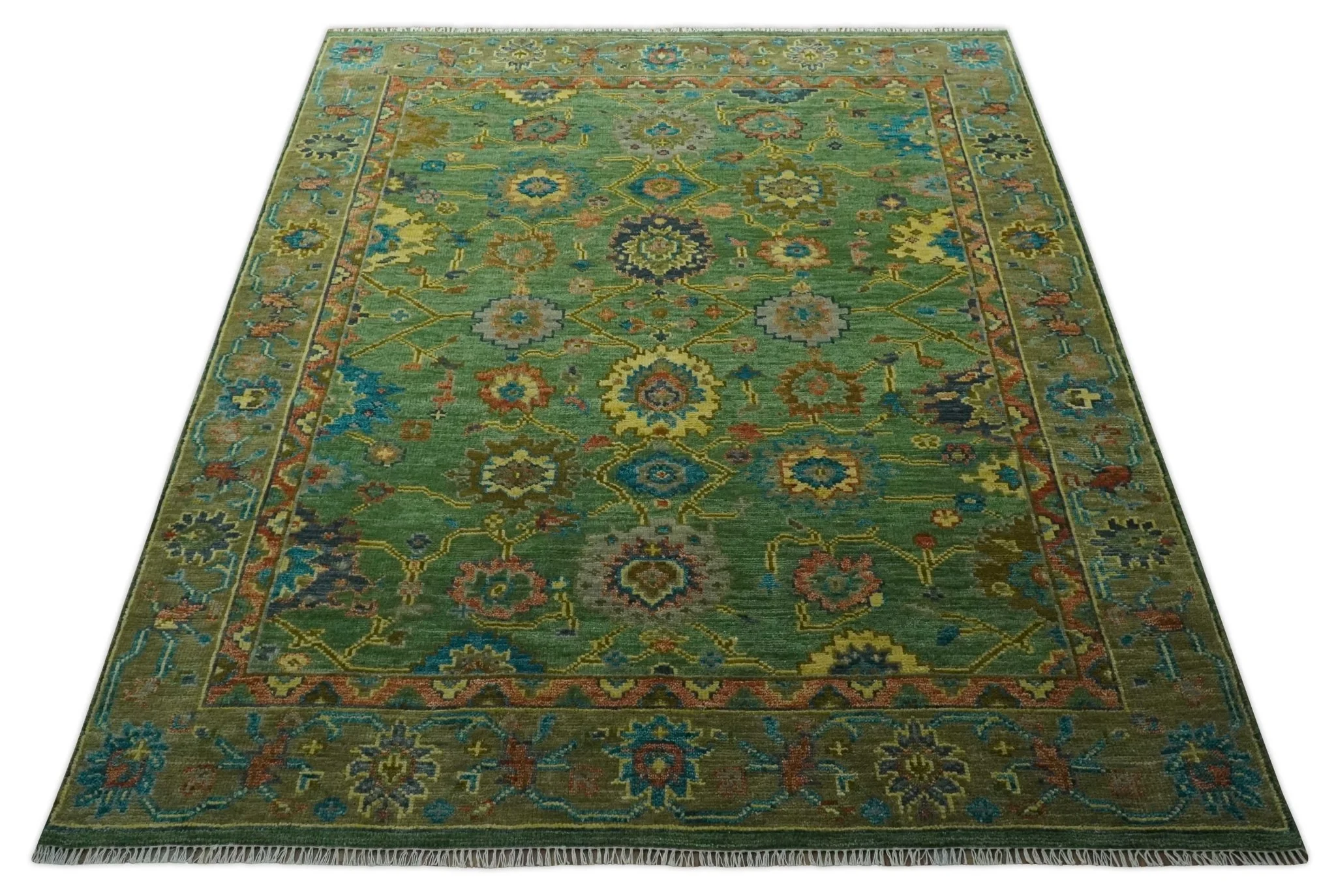 Vibrant colorful Green 8x10 Hand Knotted Traditional Oriental Oushak wool Area Rug - Image 12