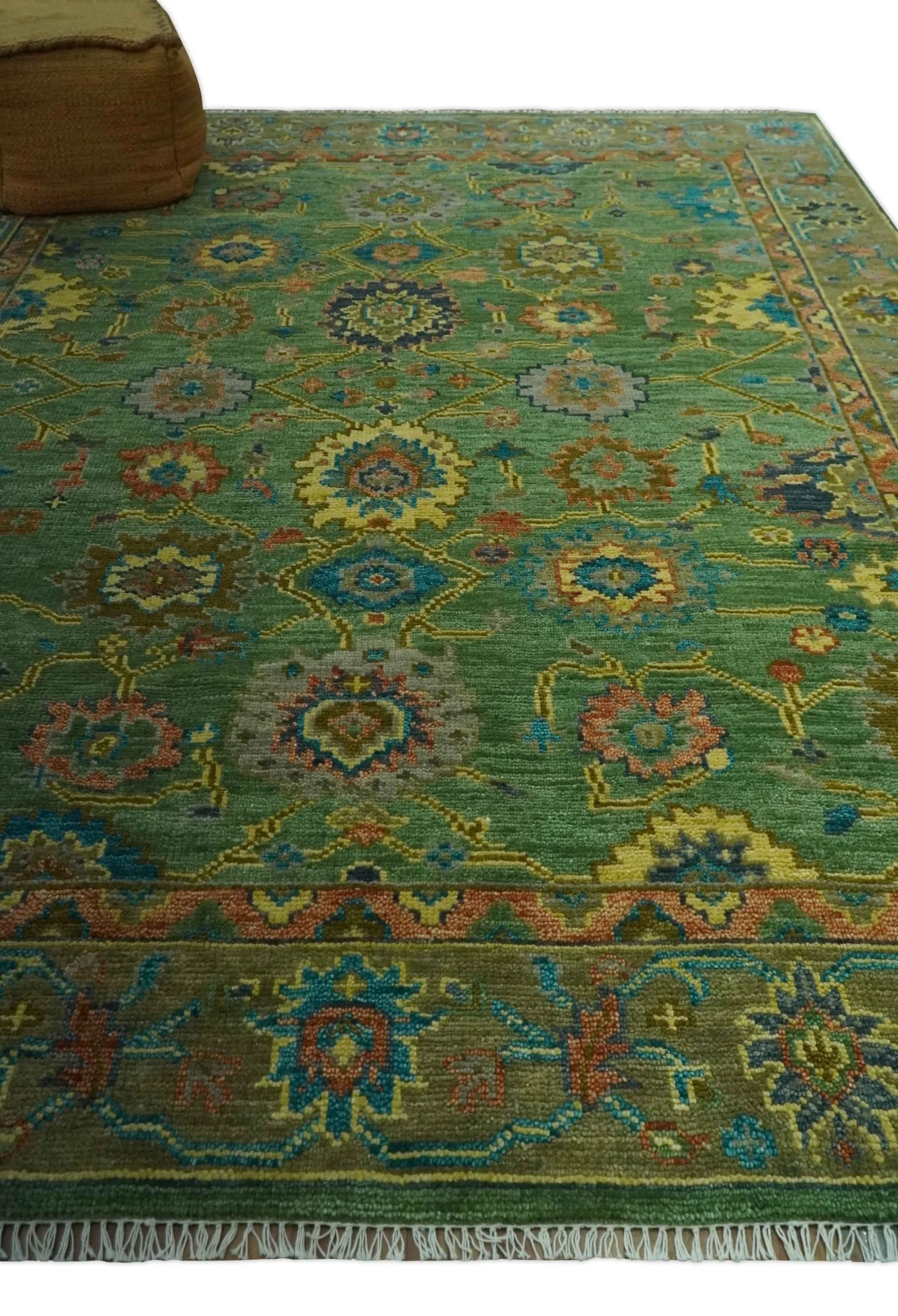 Vibrant colorful Green 8x10 Hand Knotted Traditional Oriental Oushak wool Area Rug - Image 3
