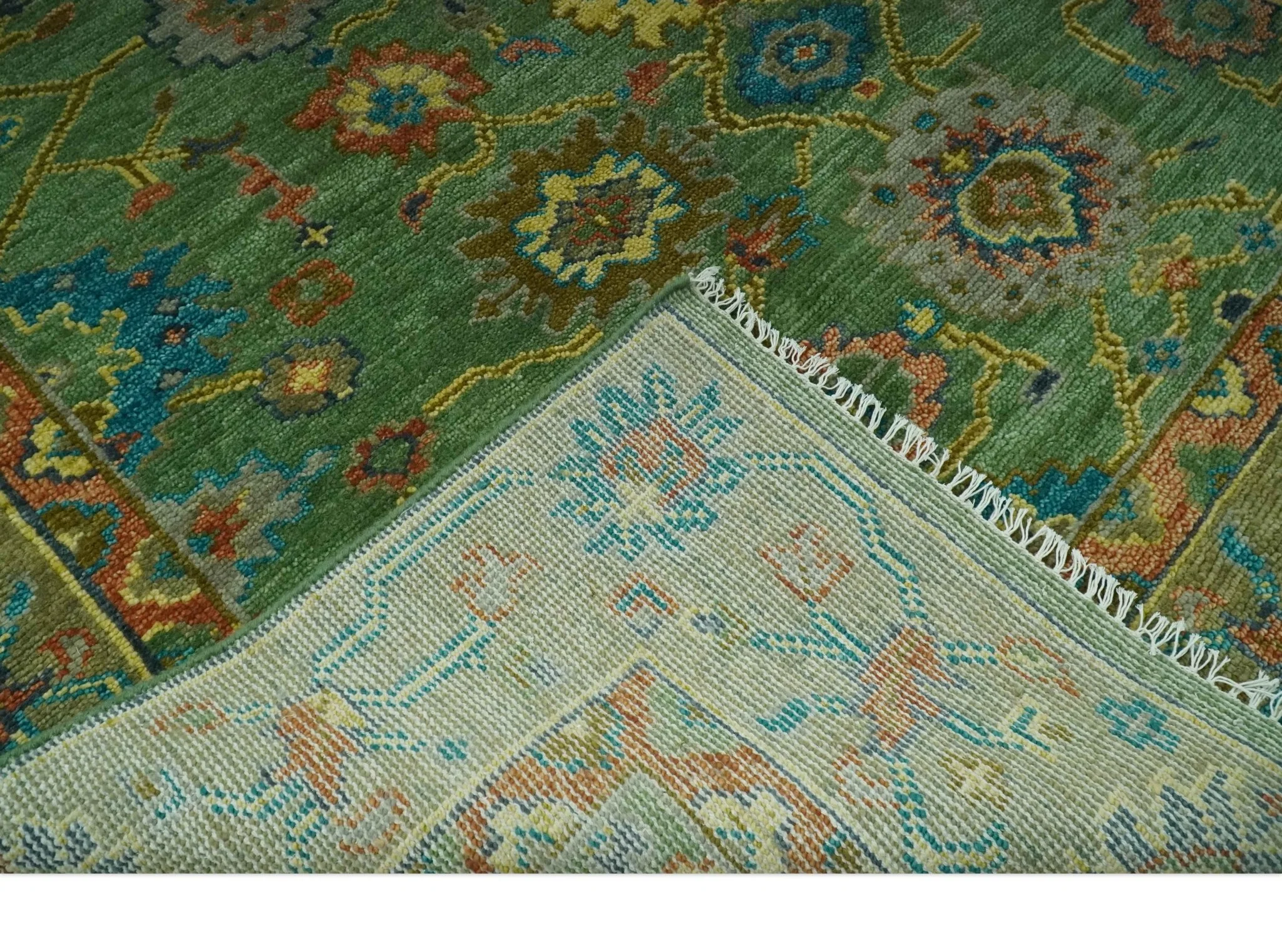 Vibrant colorful Green 8x10 Hand Knotted Traditional Oriental Oushak wool Area Rug - Image 7