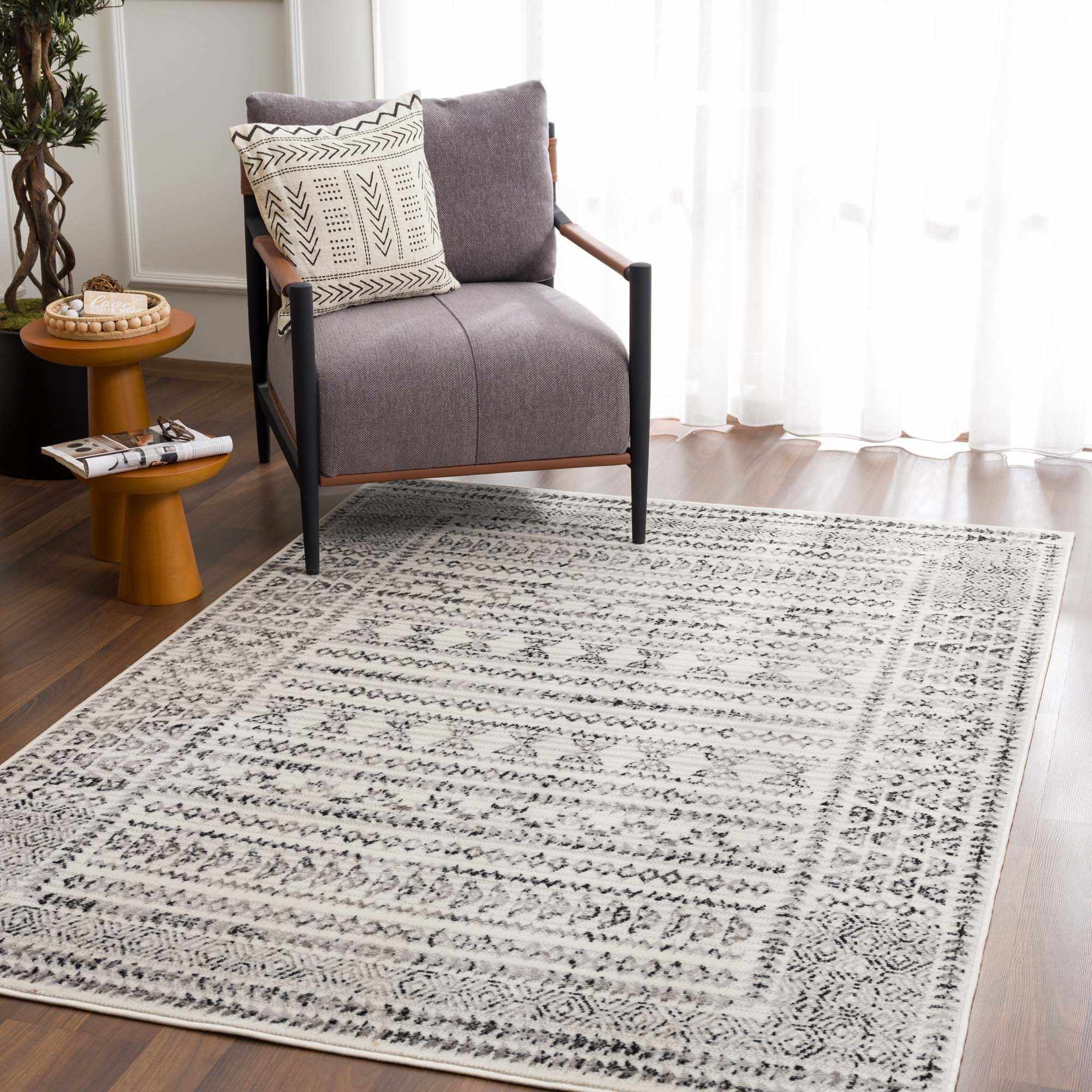 Contemporary Tribal Design Plain Black, Light Gray, Charcoal, Off white area rug - Image 4