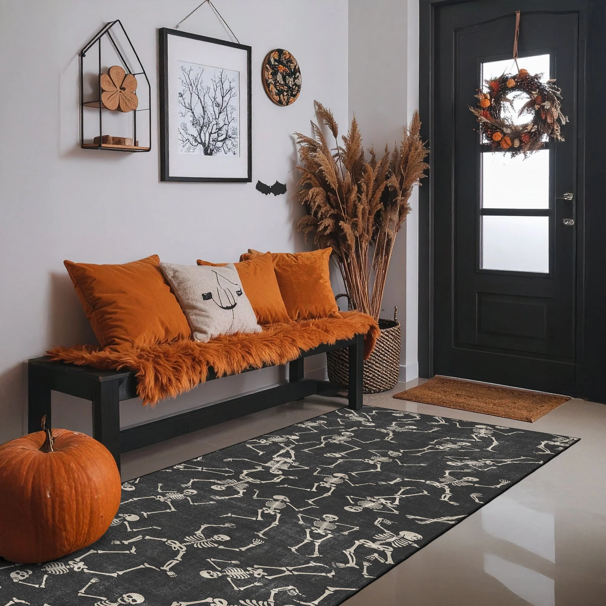 Halloween Skeleton  Design Black And Beige Cotton Machine Washable Rug - Image 3