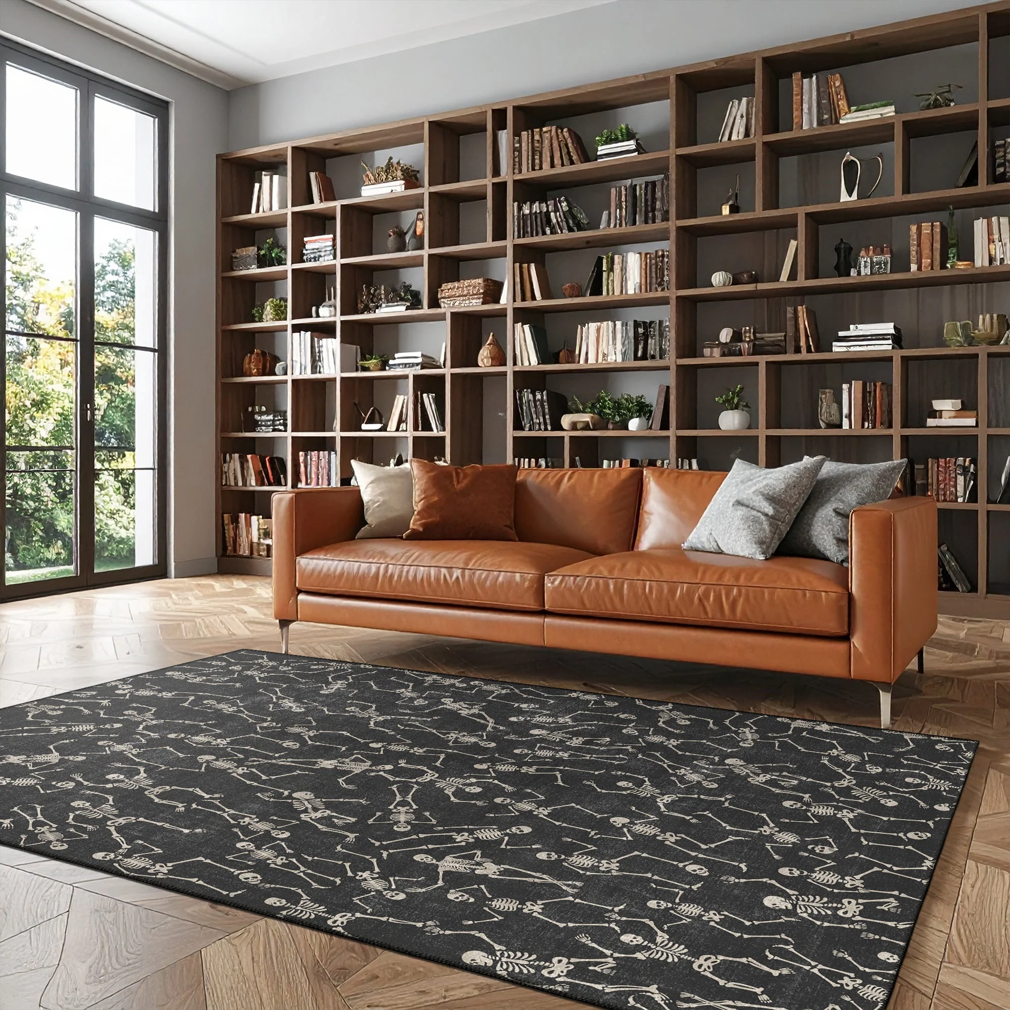 Halloween Skeleton  Design Black And Beige Cotton Machine Washable Rug - Image 5