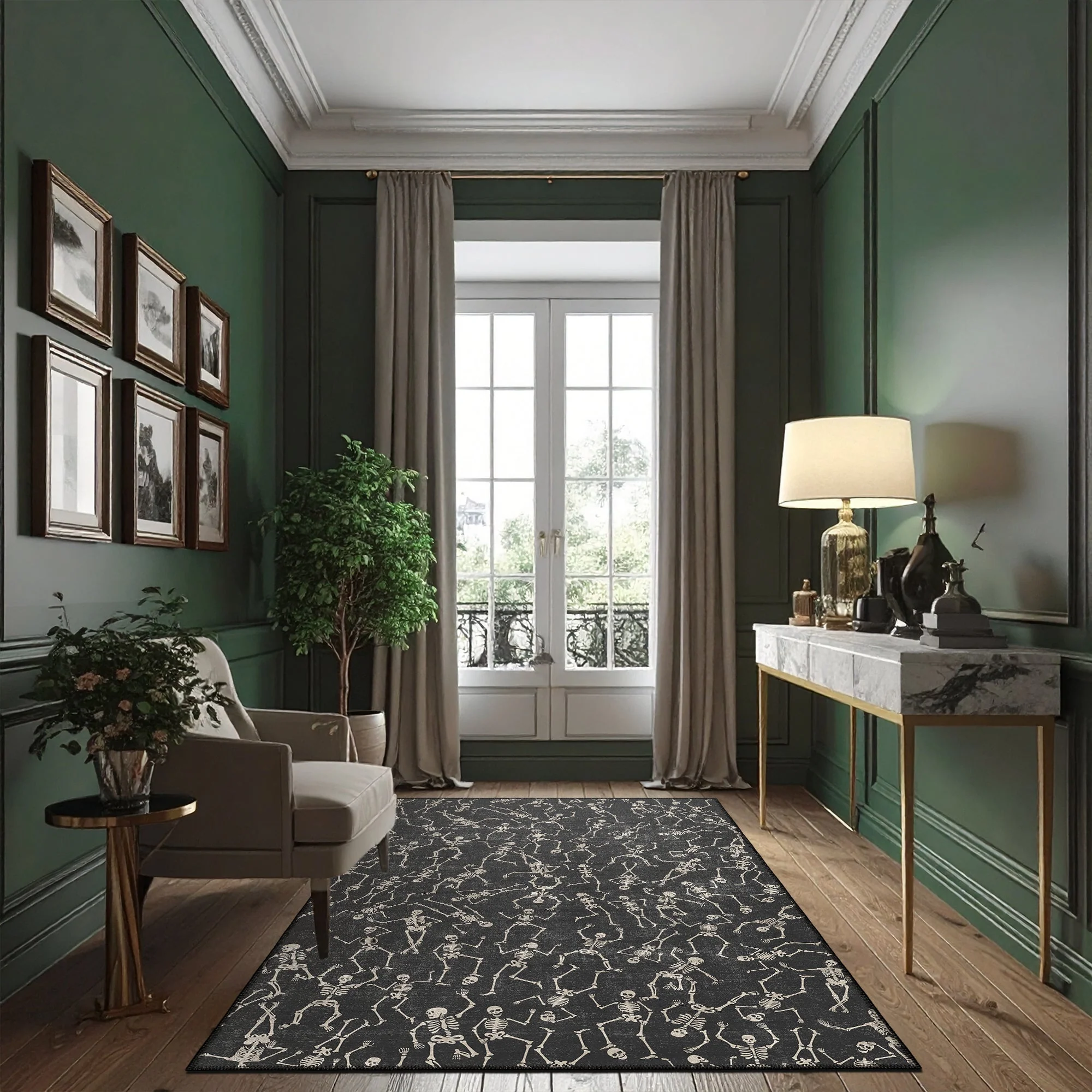 Halloween Skeleton  Design Black And Beige Cotton Machine Washable Rug - Image 6