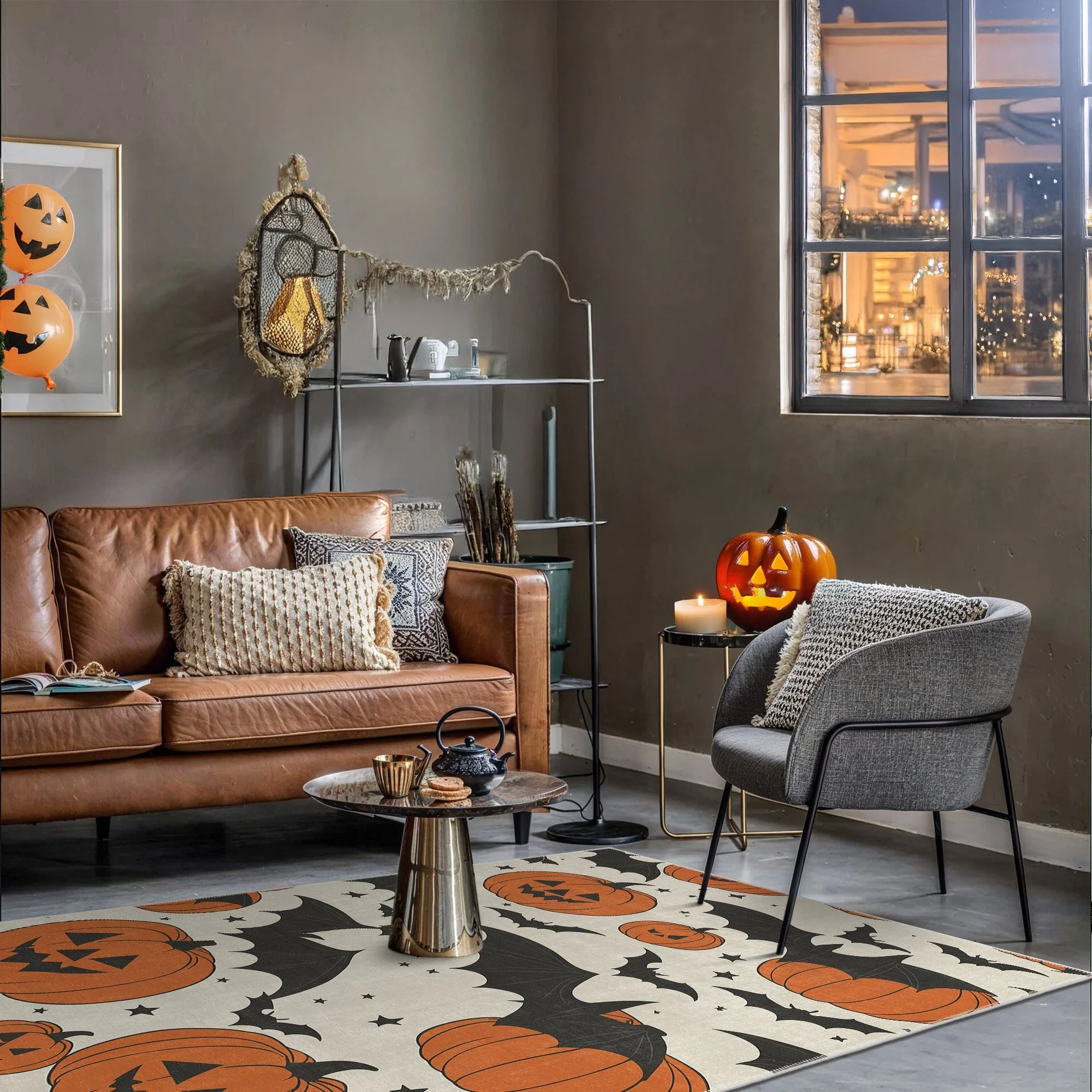 Halloween Pumpkin Rust And White Machine Washable Cotton Rug - Image 2