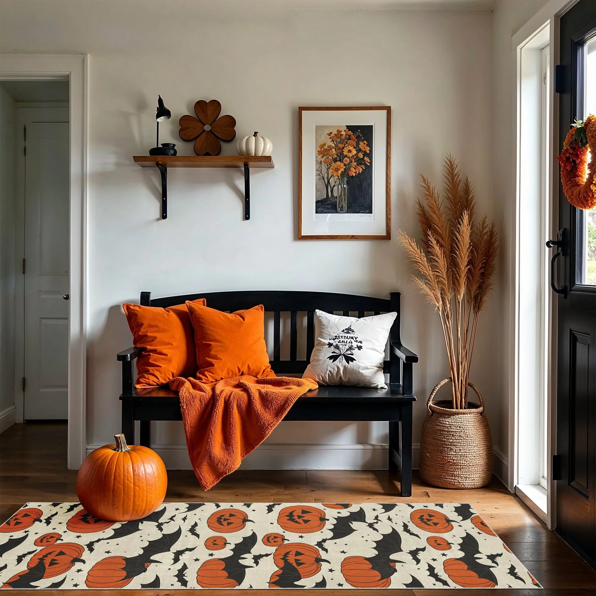 Halloween Pumpkin Rust And White Machine Washable Cotton Rug - Image 3