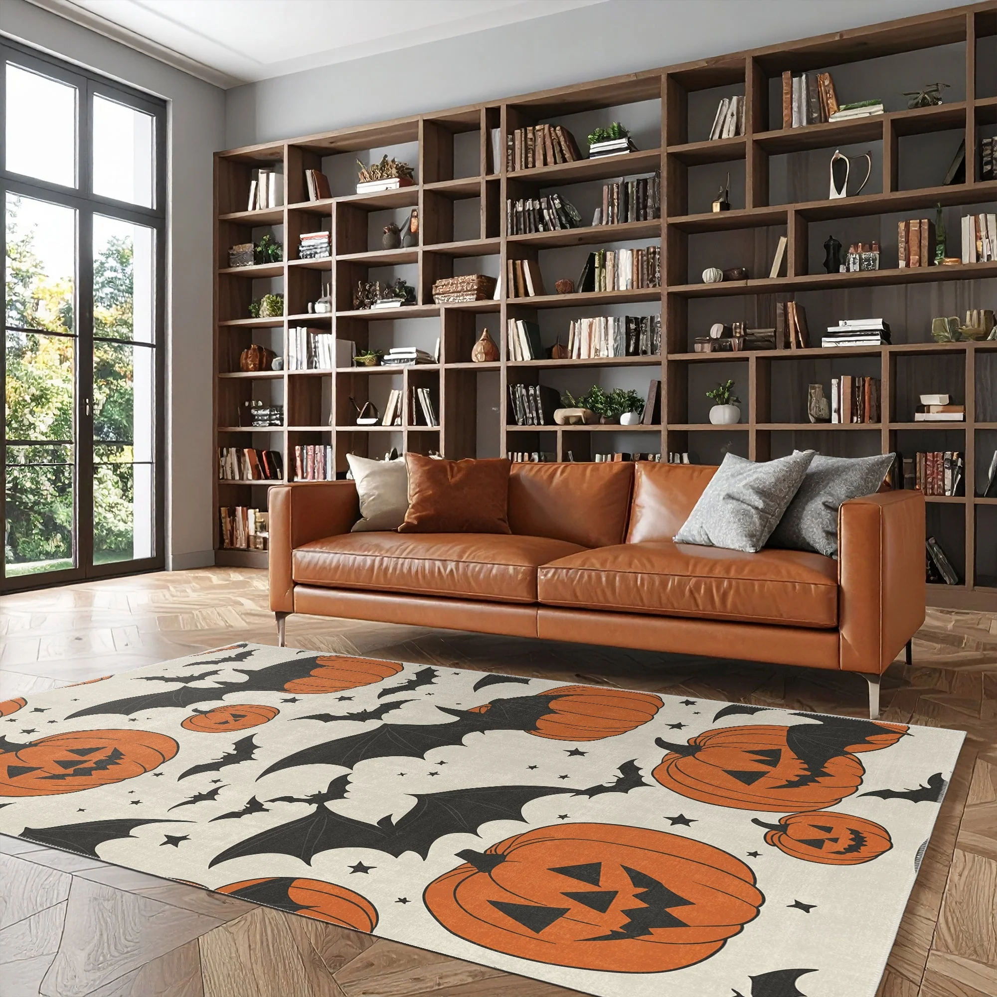 Halloween Pumpkin Rust And White Machine Washable Cotton Rug - Image 4